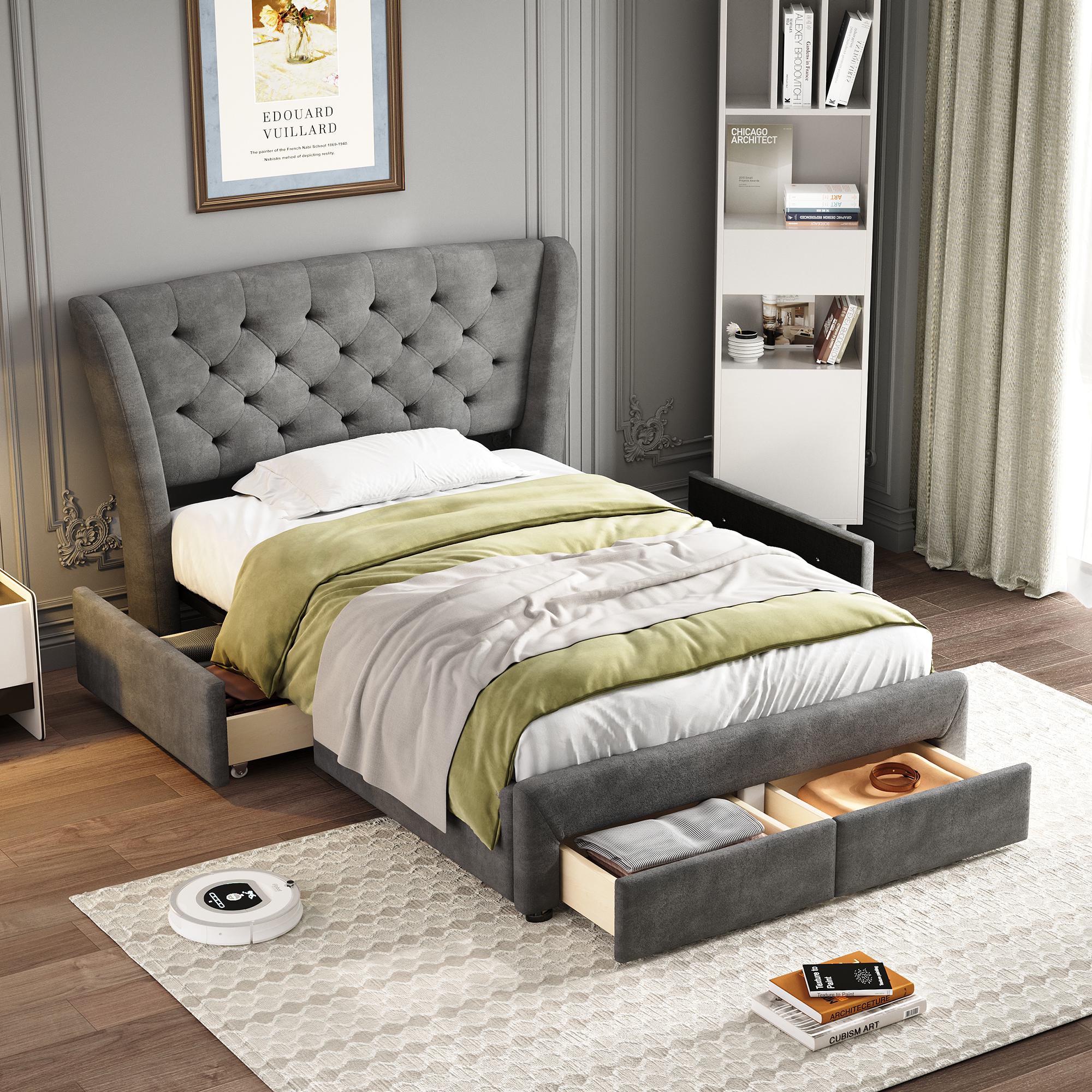 3FT Upholstered Storage Bed with 4 Drawers Grey