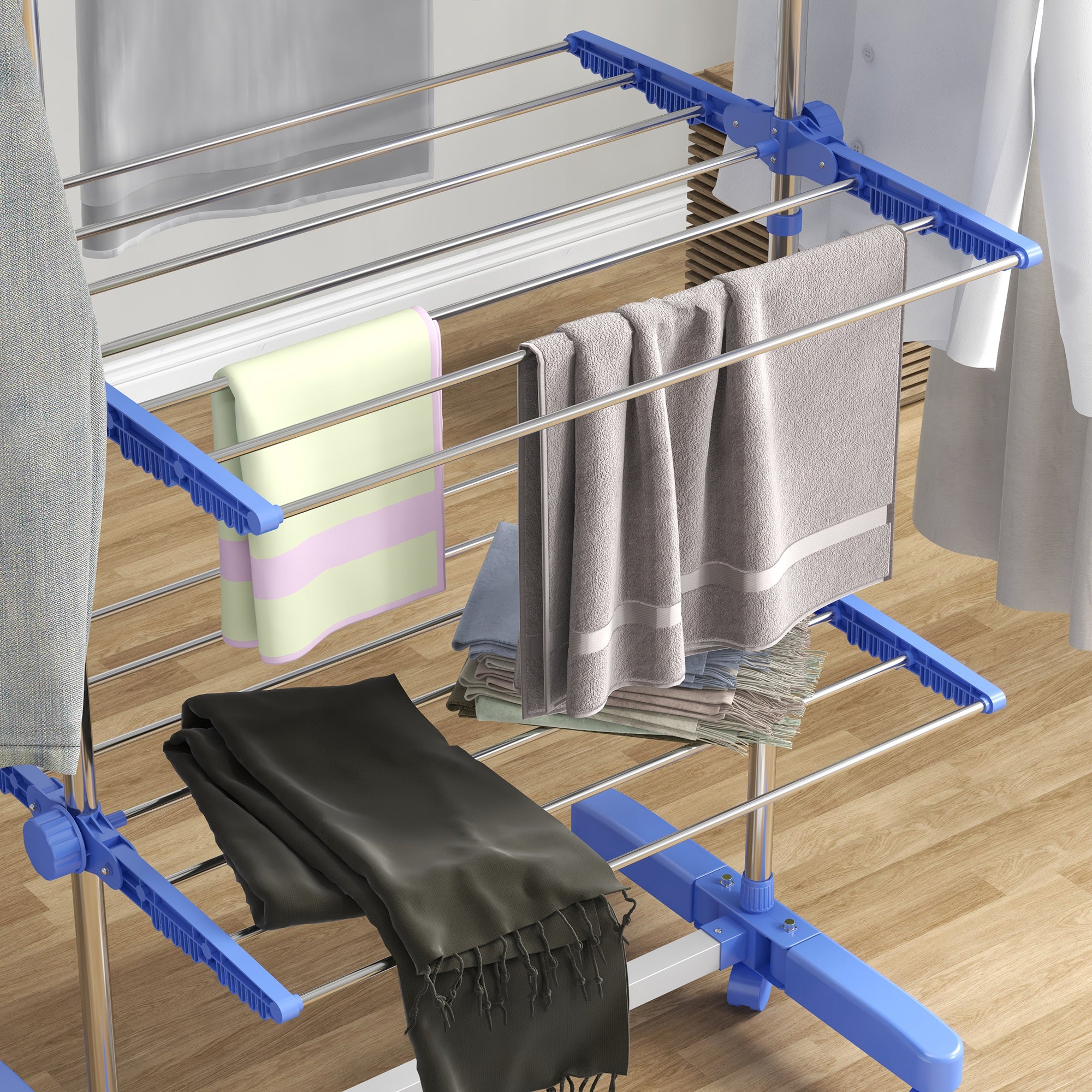 Four-Shelf Collapsing Clothes Horse, With Side Arms and Wheels - Blue