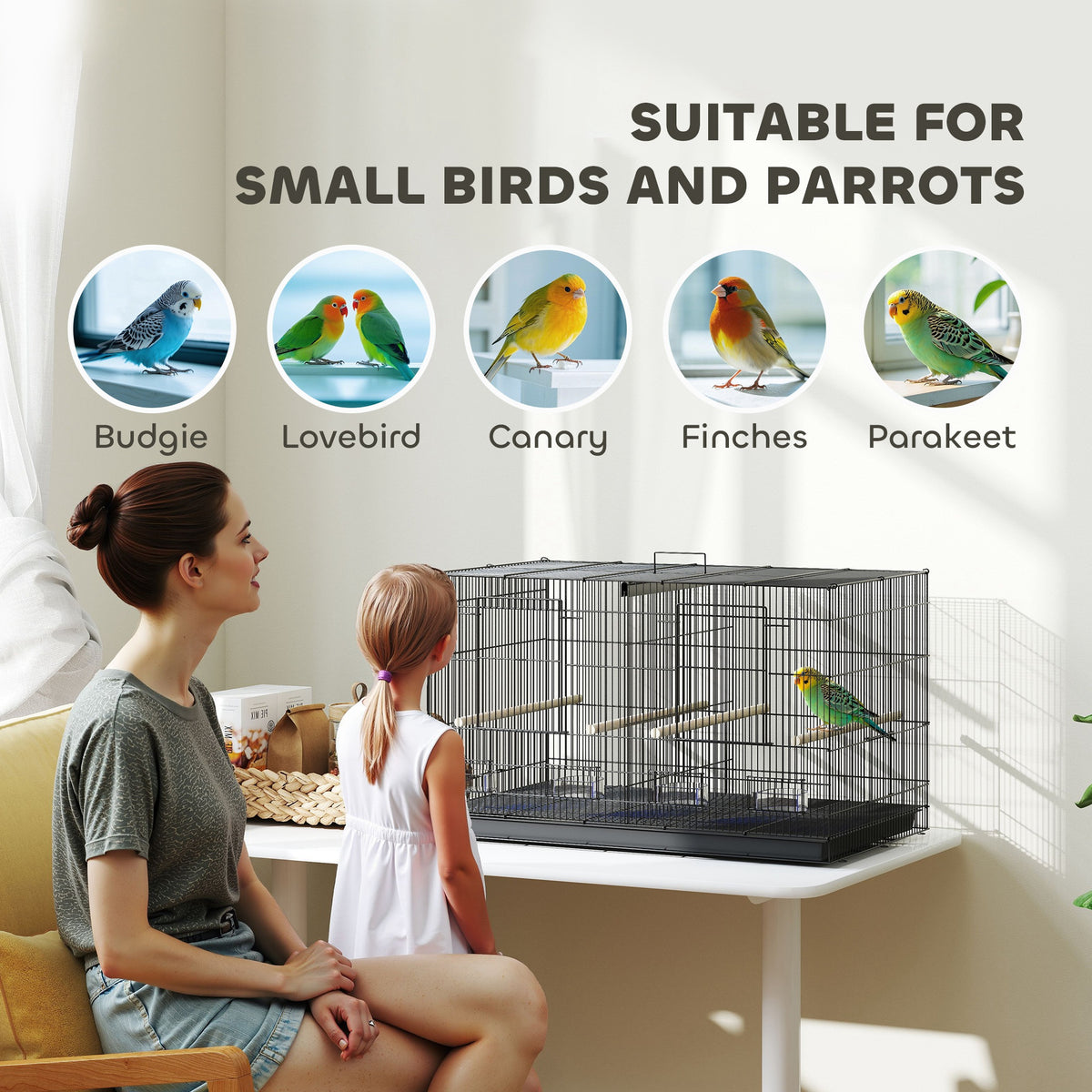 Bird Cage with Divider, 4 Perches & Feeders, Slide-Out Tray, 76x46x46cm for Budgie, Lovebird, Canary - Black