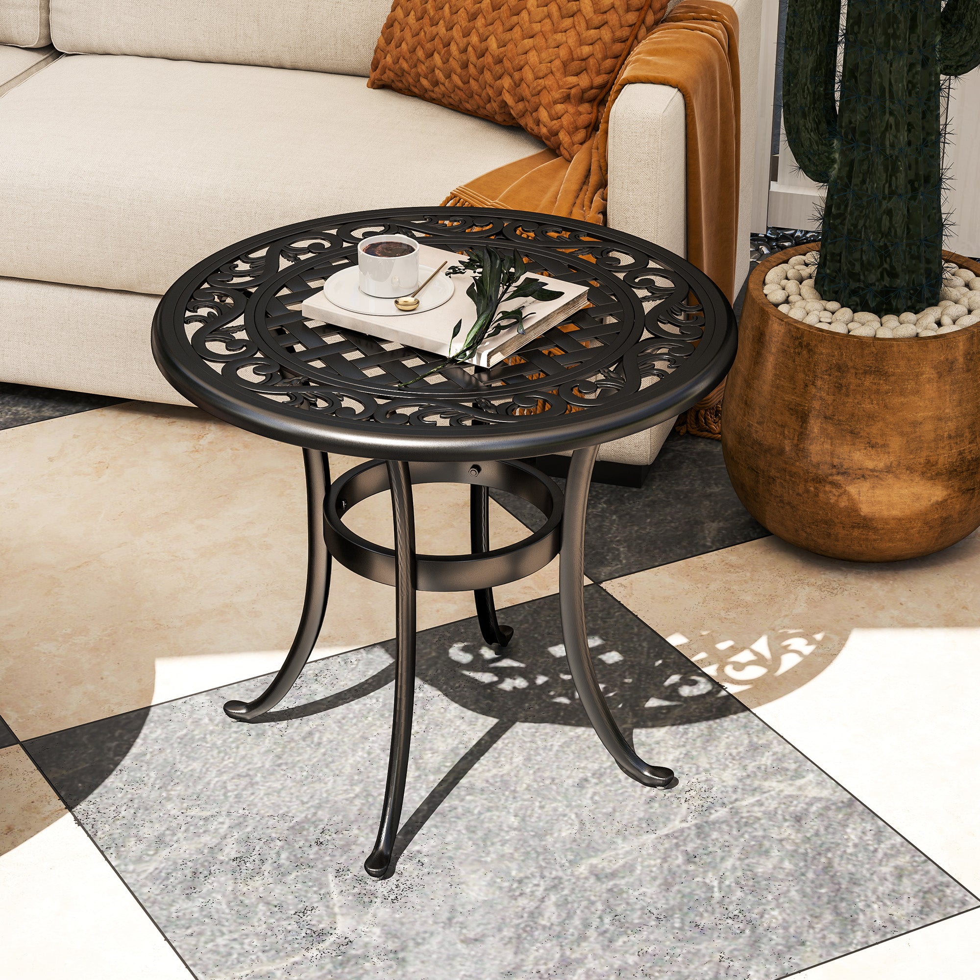 60cm Round Outdoor Garden Side Table with Hollow Top Cast Aluminium Frame - Black