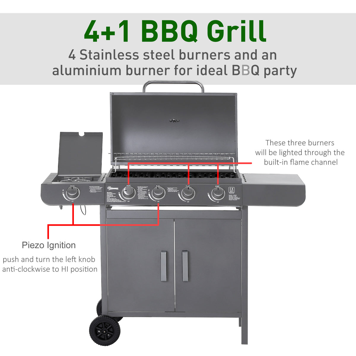 4+1 Burner Gas BBQ Grill Trolley with Wheels, Warming Rack, Side Shelves, Cabinet & Thermometer - Grey