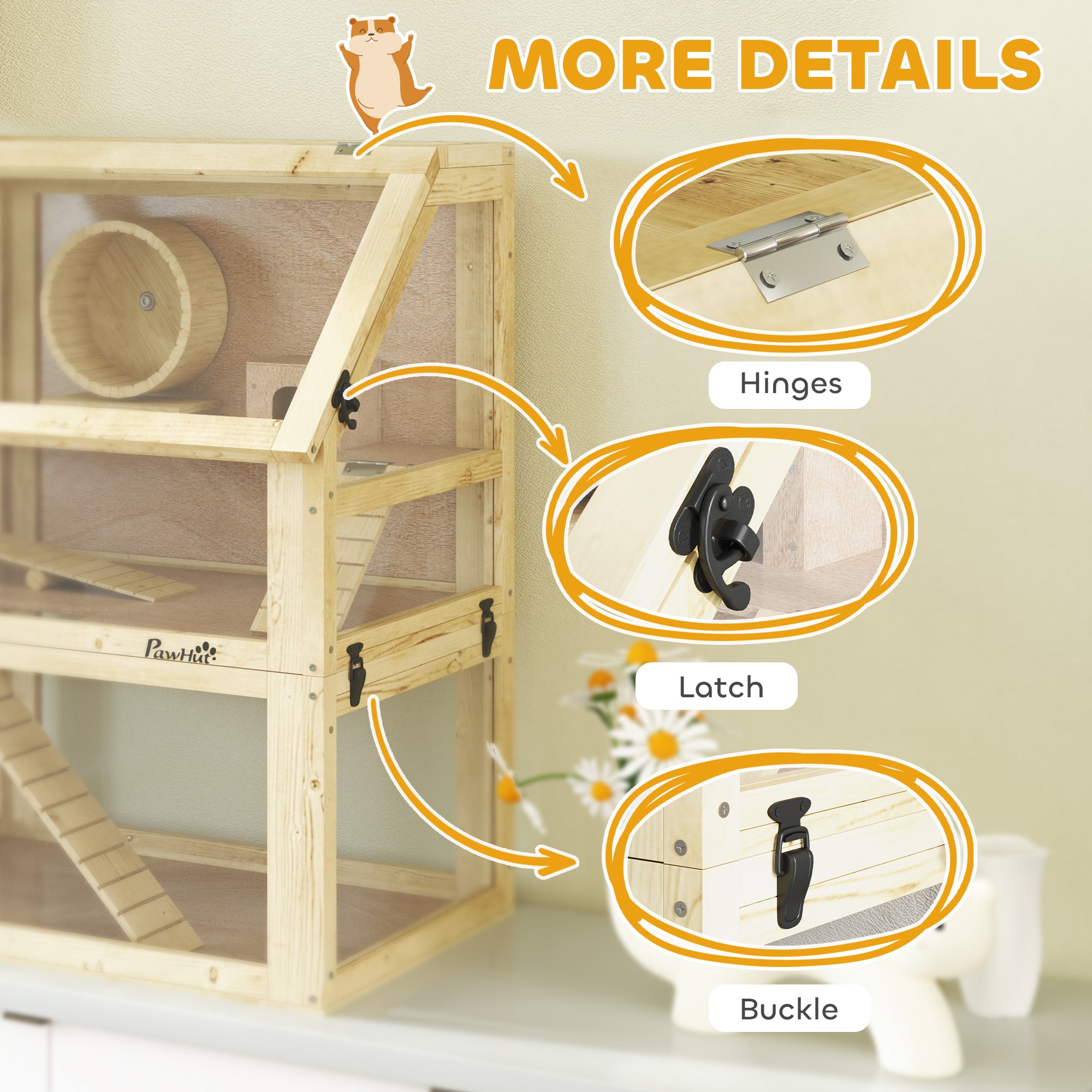 Wooden Hamster Cage with Detachable 32cm Deep Bottom, Hut, Seesaw, Exercise Wheel, Ramps, 60 x 40 x 75cm