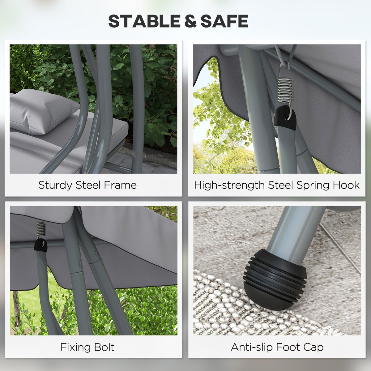 Three-Person Garden Swing Chair with Adjustable Canopy - Light Grey