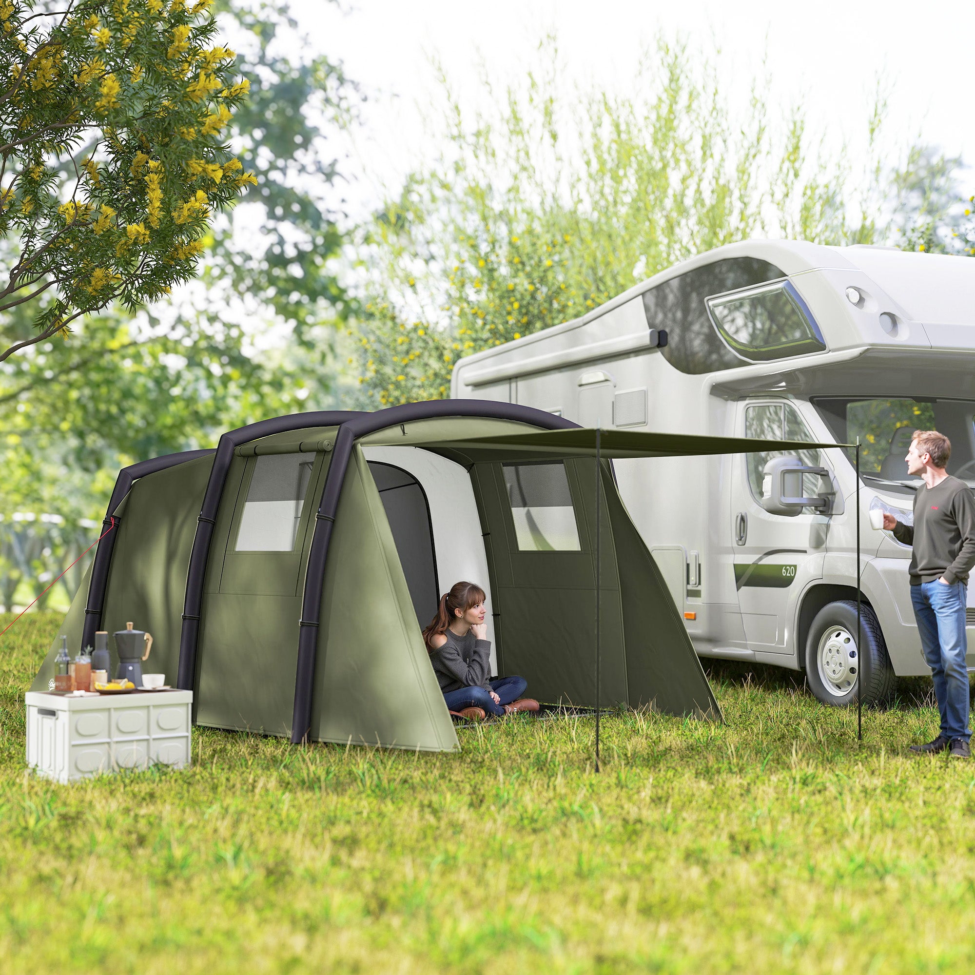 Inflatable 3-4 Man Tunnel Tent w/ Air Pump, Living Area & Vestibule, Waterproof Family Camping Air Tent w/ Sewn In Groundsheet & Removable Footprint for Camping, Hiking, Olive Green