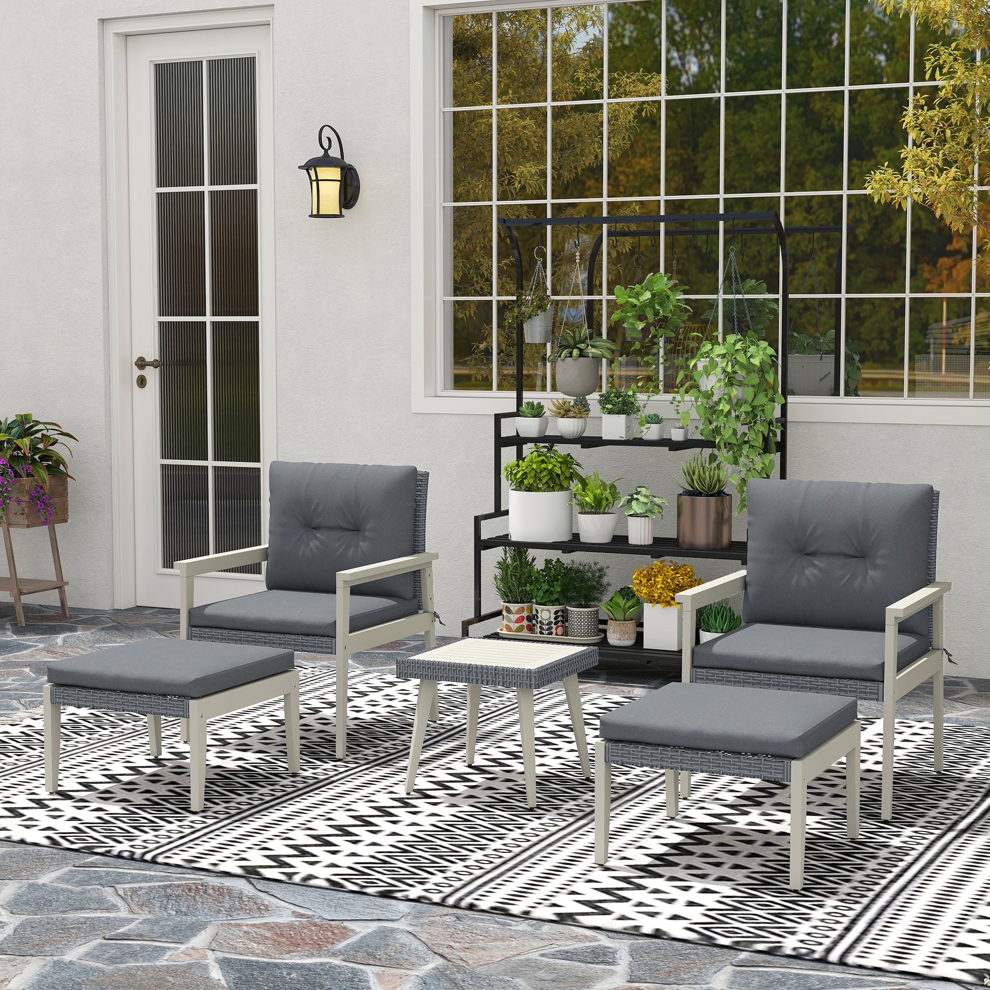 Five-Piece Rattan Patio Set, with Wood-Top Table - Grey
