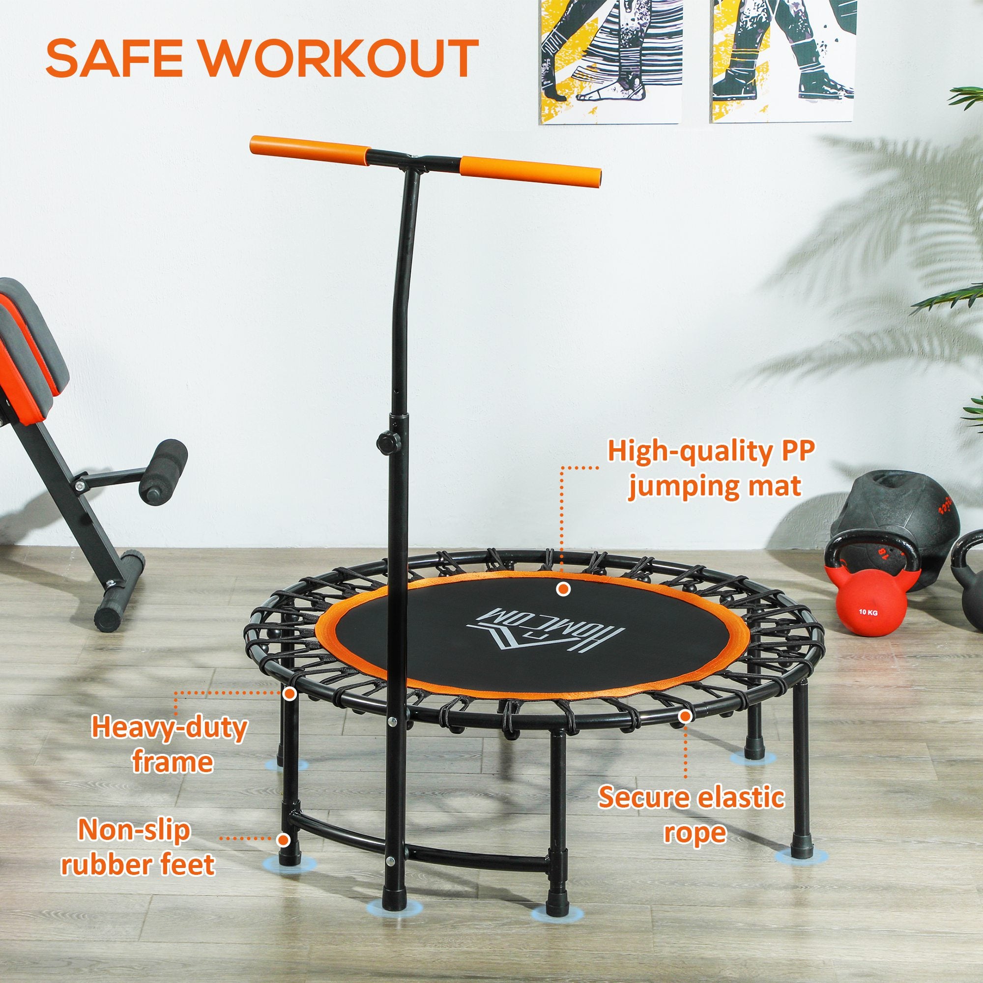 40" Fitness Trampoline with Adjustable Handle, Rebounder Trampoline Mini Jumper for Indoor Exercise Workout, Support Up to 100kg, Orange
