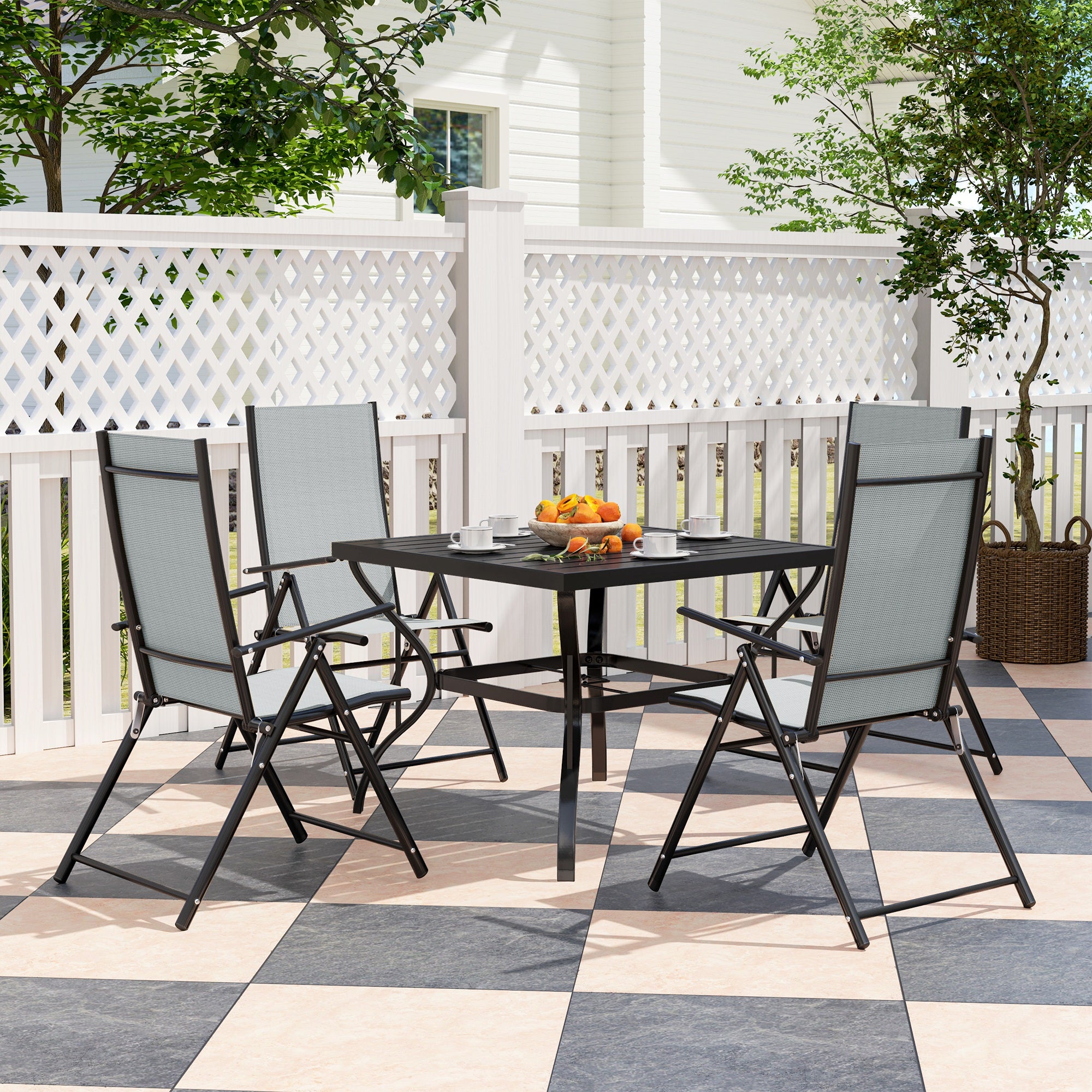 5 Piece Steel Frame Patio Dining Set with Folding Chairs - Grey Black