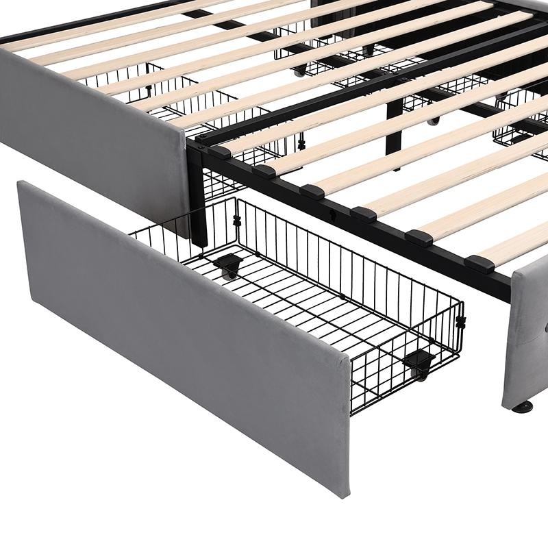Double Upholstered Bed with 4 Drawers, USB Ports and Adjustable Lamp - Gray Velvet