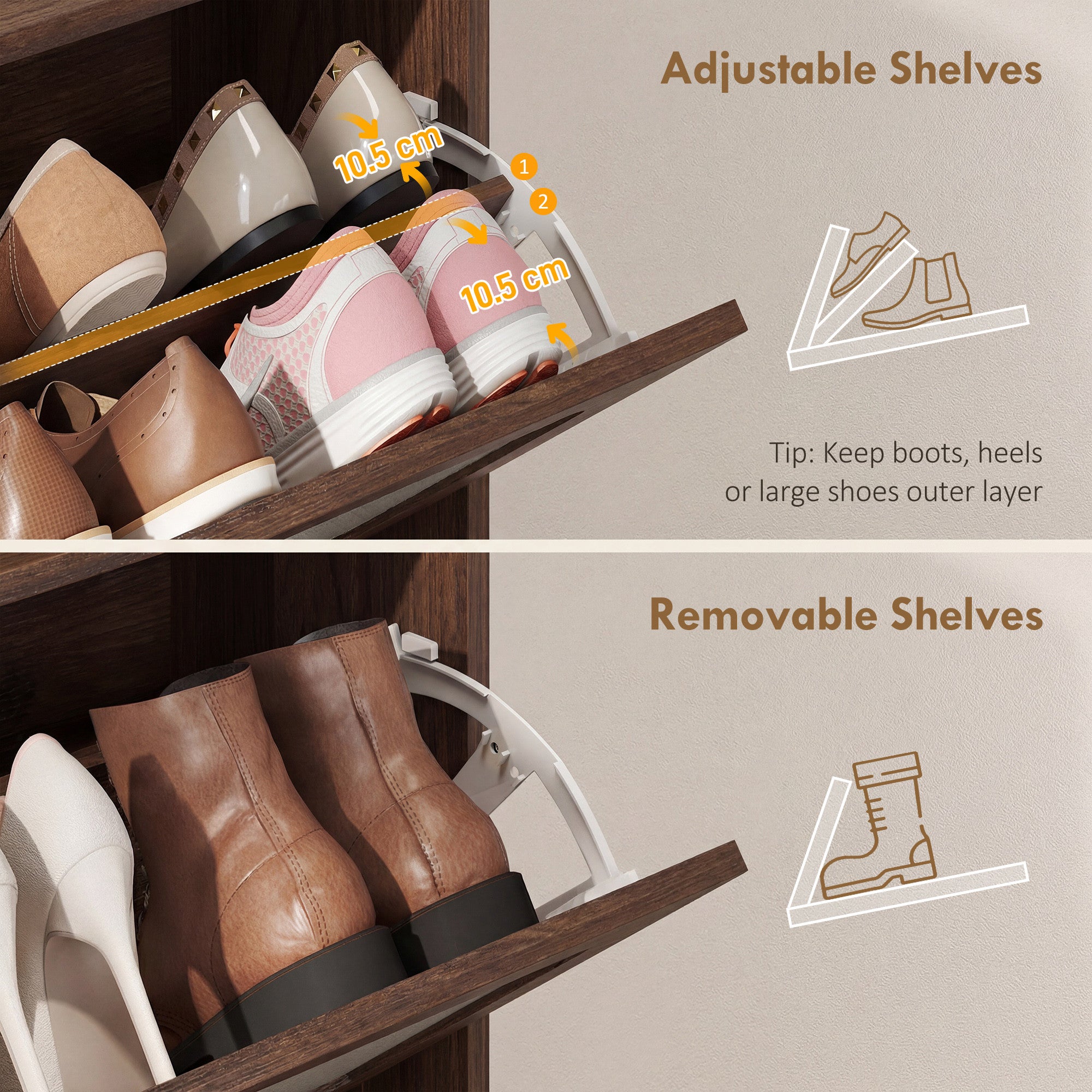 Shoe Cabinet with 2 Flip Drawers, Boho Narrow Shoe Storage Cabinet, Dark Brown
