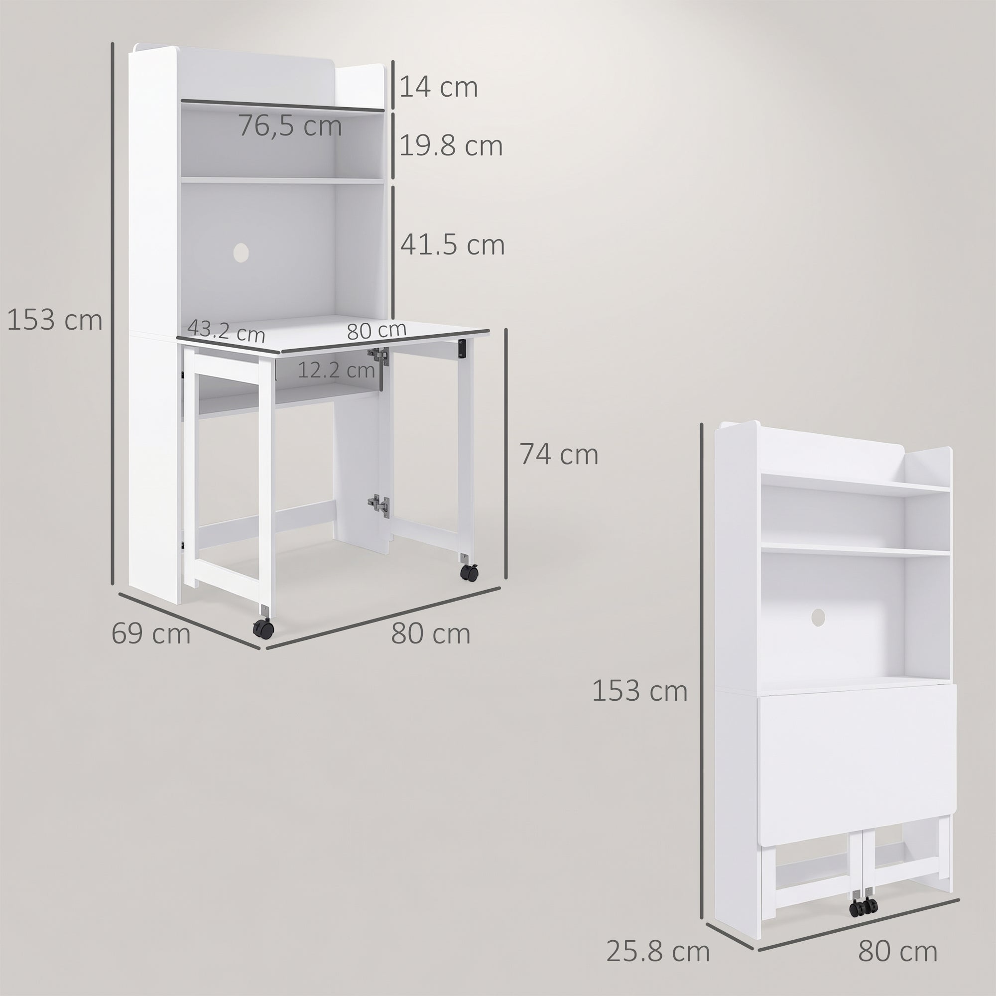 HOMCOM Foldable Desktop, Computer Desk with Storage Shelves, 80 x 69 x 155 cm, White