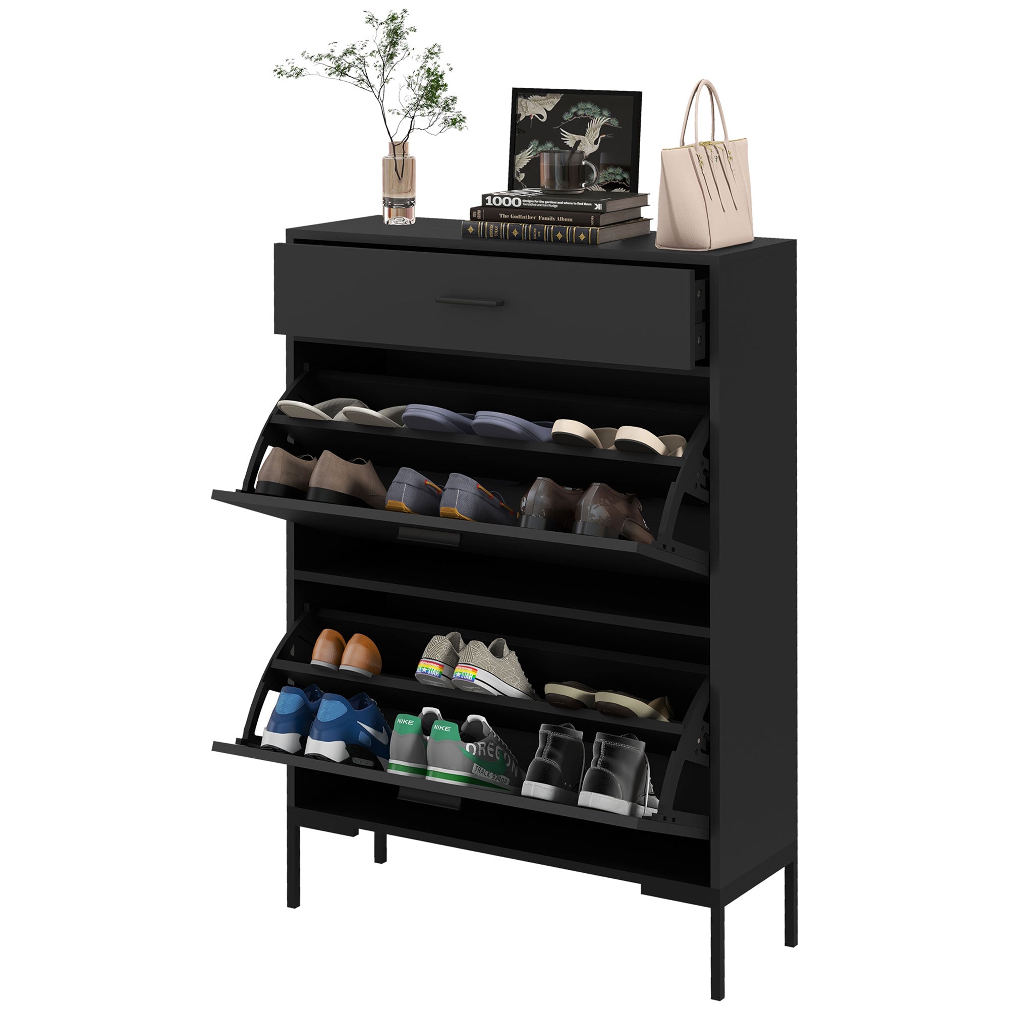 Three Drawer Slim Shoe Storage Cabinet, 12 Shoe Pairs - Black