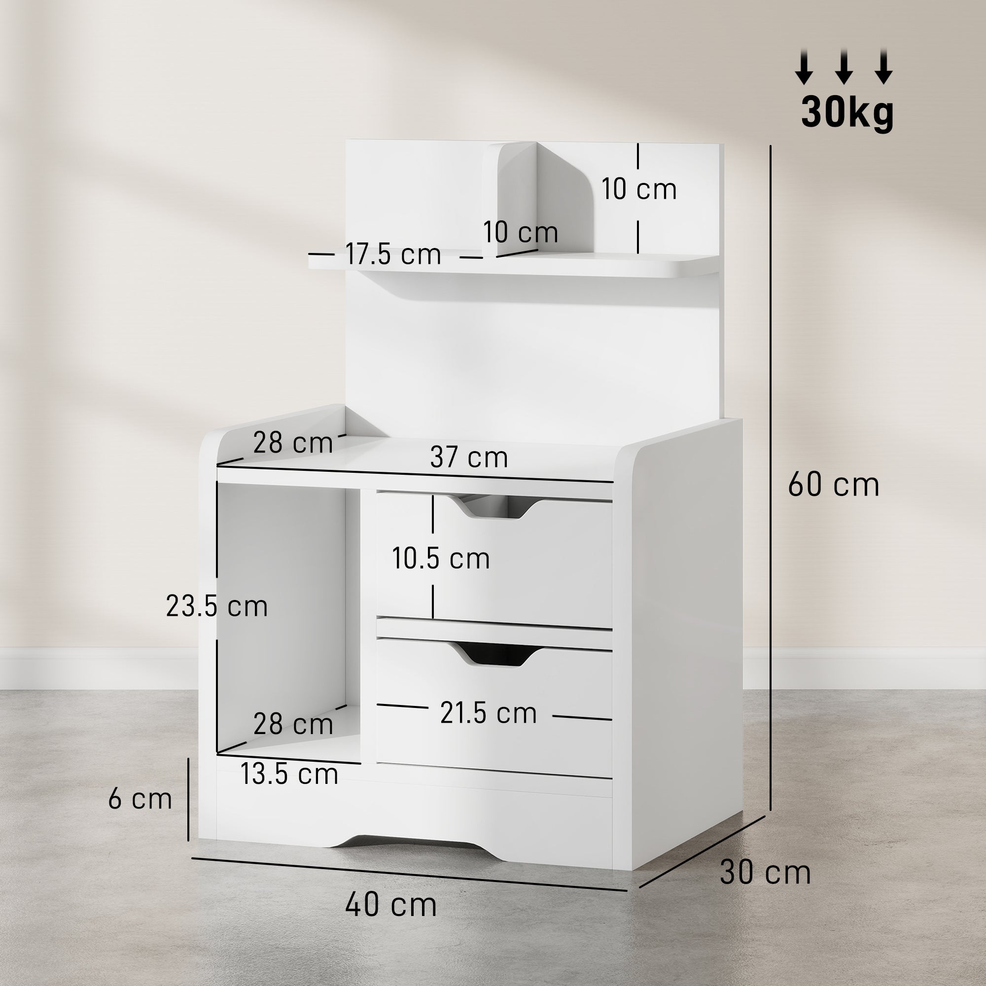 Bedside Table with 2 Drawers and Open Shelves - High Gloss White