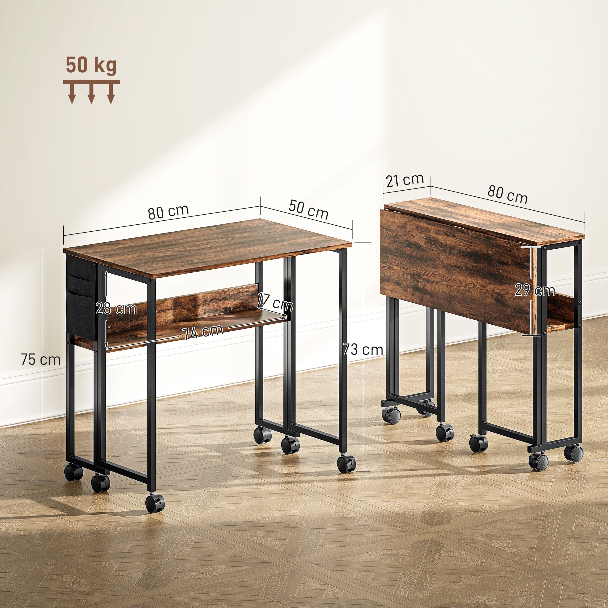 80 cm Drop Leaf Writing Work Desk - Rustic Brown