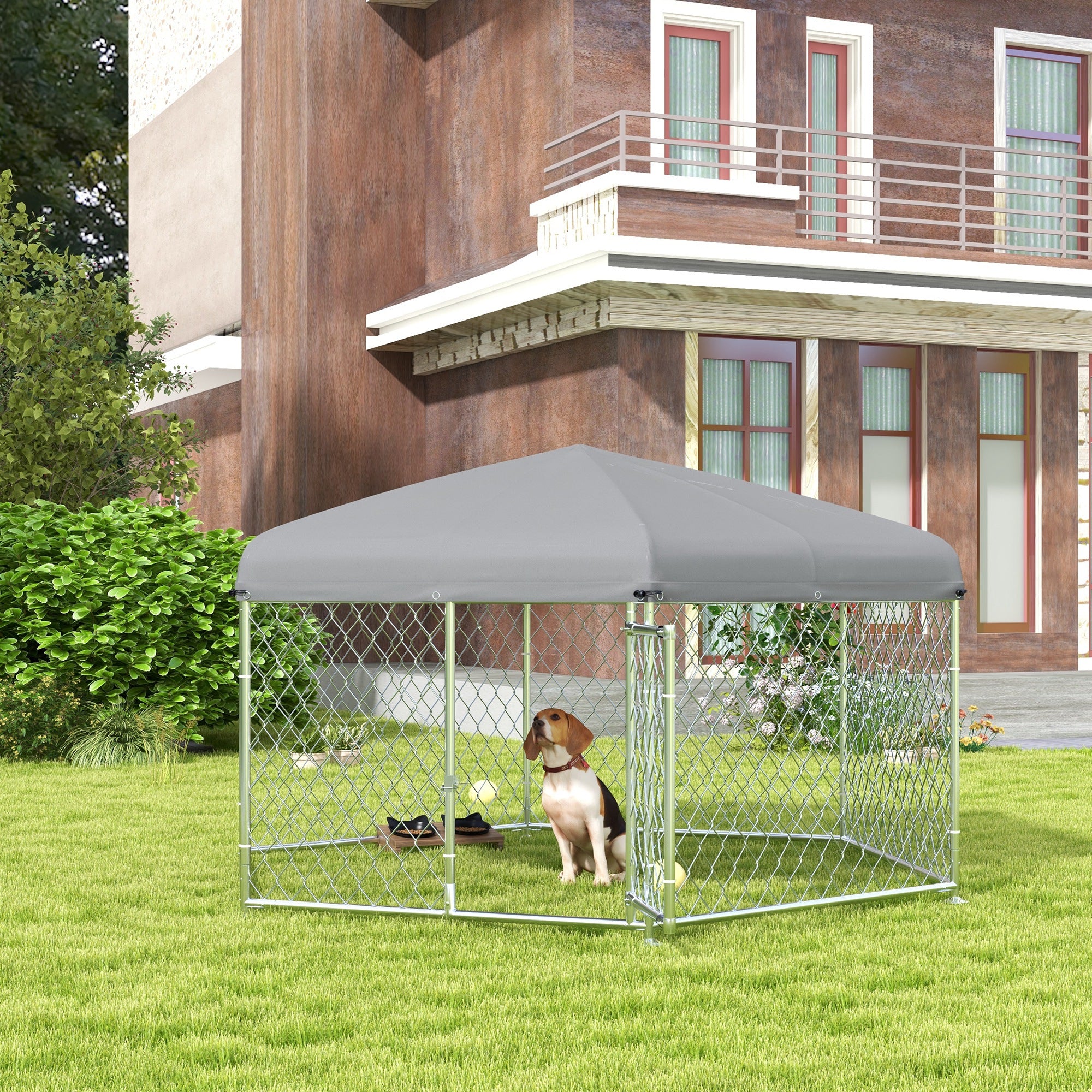 Dog Kennel and Run with Lockable Door, for Garden, Patio, Terrace, Large Dogs, 2.1 x 1.85 x 1.5m