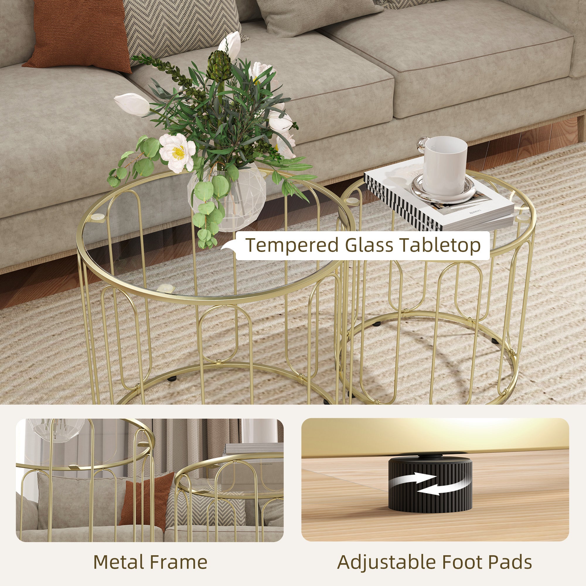 Elliptical Cut-Out Nesting Coffee Tables with Tempered Glass Tops - Gold-Tone