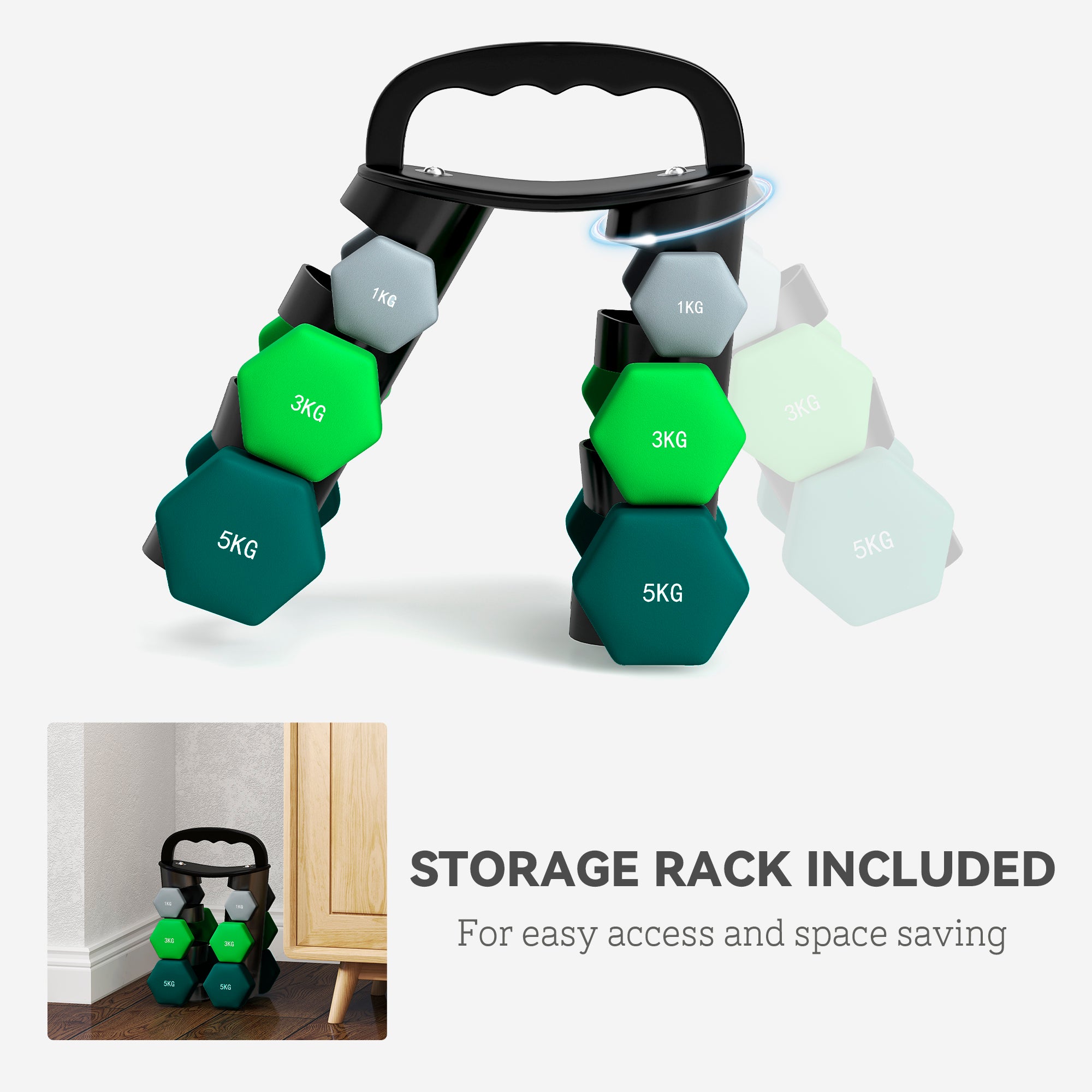 Dumbbells Set with Carry Storage Rack, Set of 6 Weights for Home Gym Kettlebell Training Weight Lifting Exercise, 2 x 1kg, 2 x 3kg, 2 x 5kg