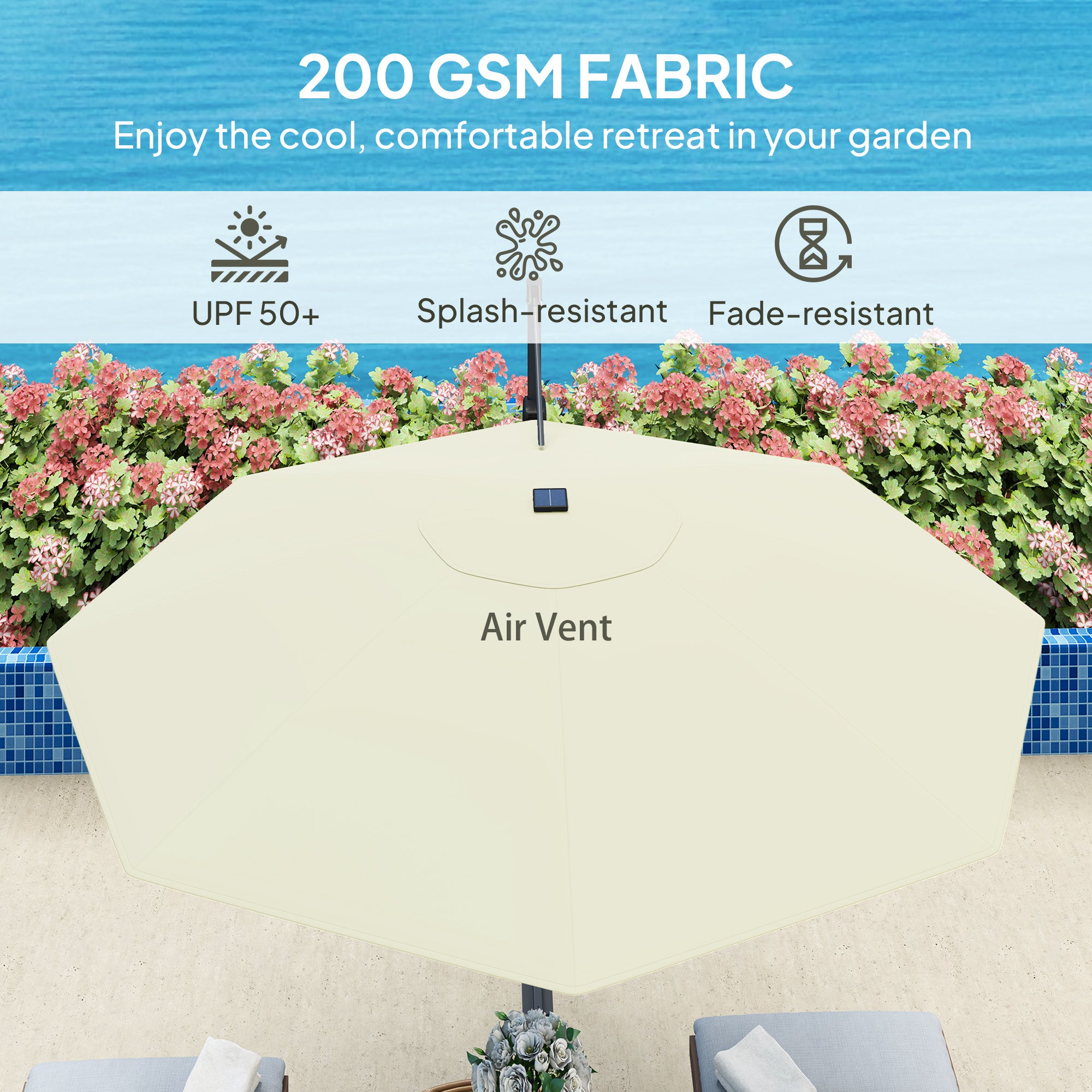3 Metre Cantilever Garden Parasol with Solar Lights and Crank Handle - Cream