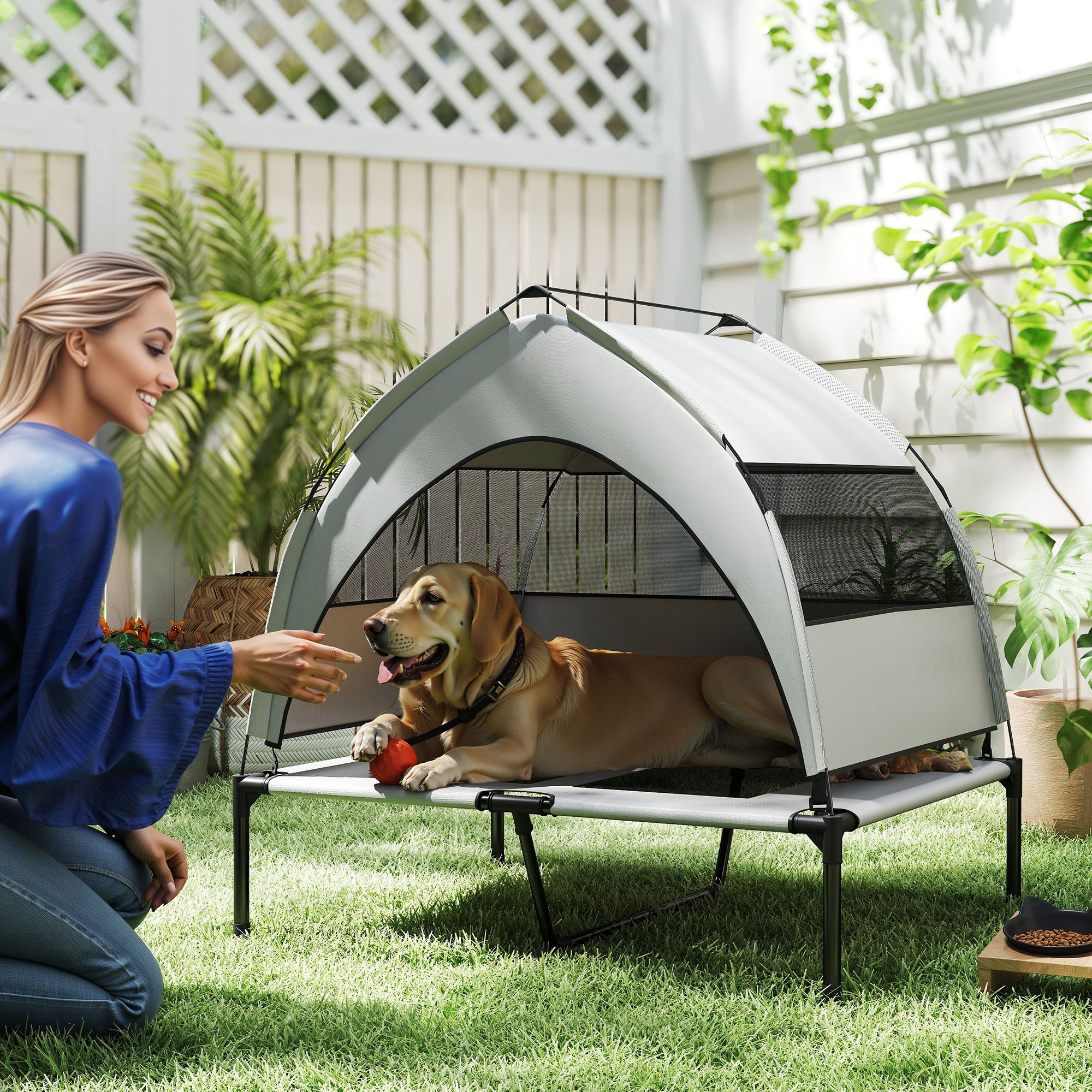 Portable Elevated Dog Bed with Removable Canopy, Cooling Raised Pet Cot for Medium Large Dogs, 92 x 75 x 89 cm