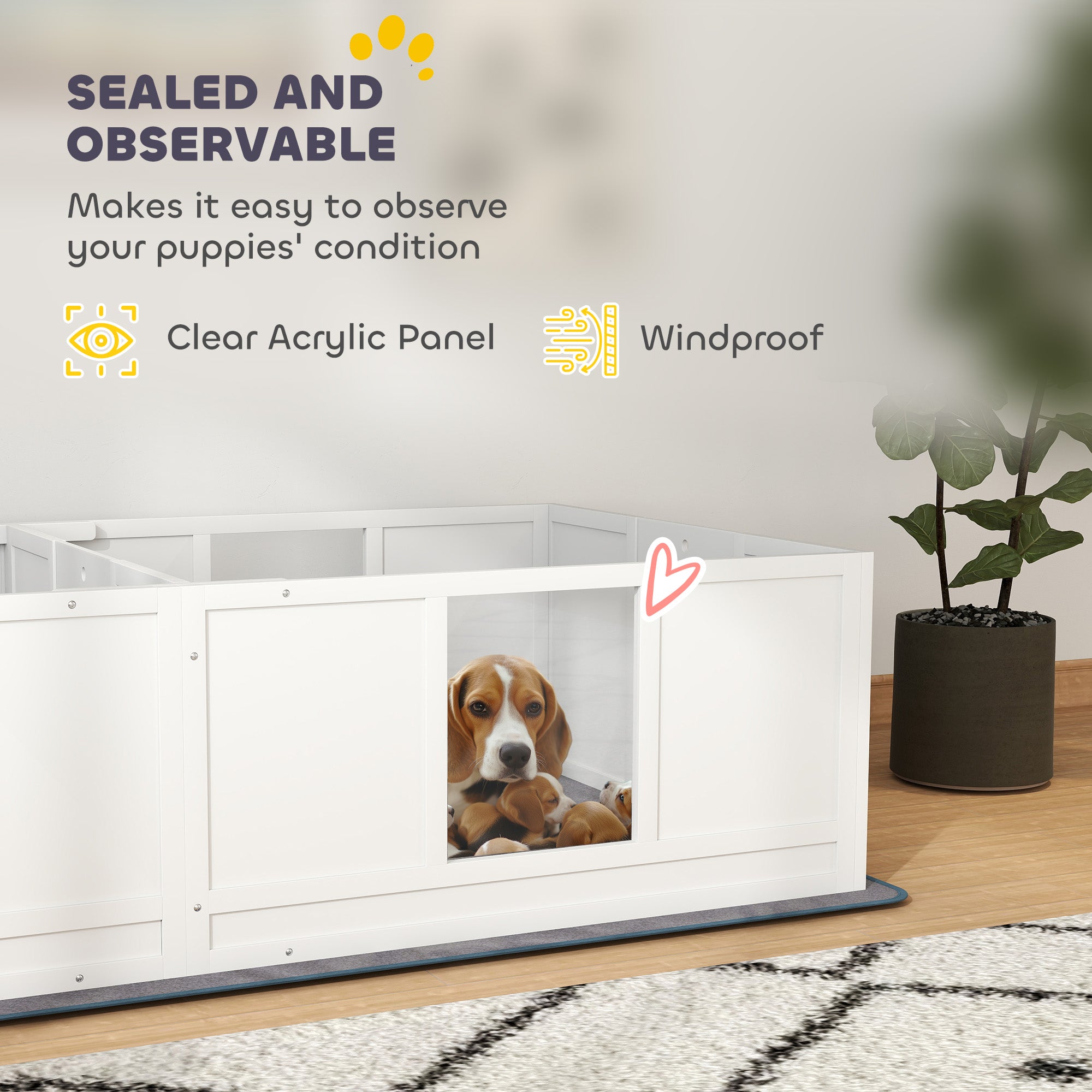 Two Room Design Whelping Box for Dogs with Whelping Pad, Clear Panels, Adjustable Entrance, for Medium Dogs, 196 x 96cm