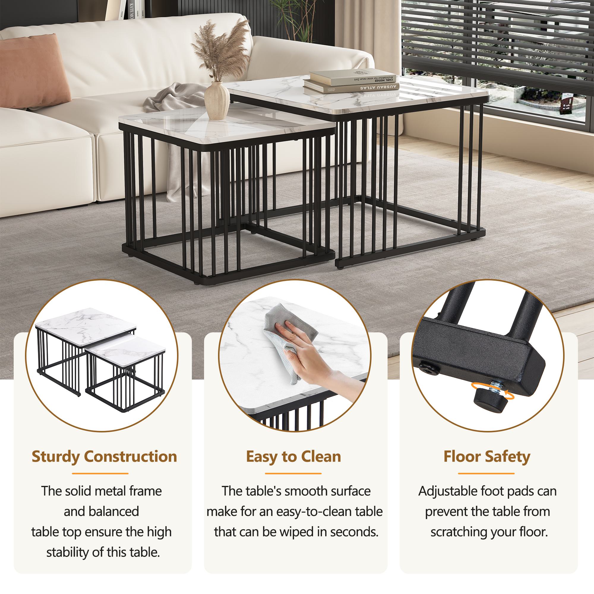 2 Piece High Gloss Nesting Coffee Table Set with Marble Pattern, Square Side Tables with Metal Frame, 60L x 60W x 45H cm, White+Black