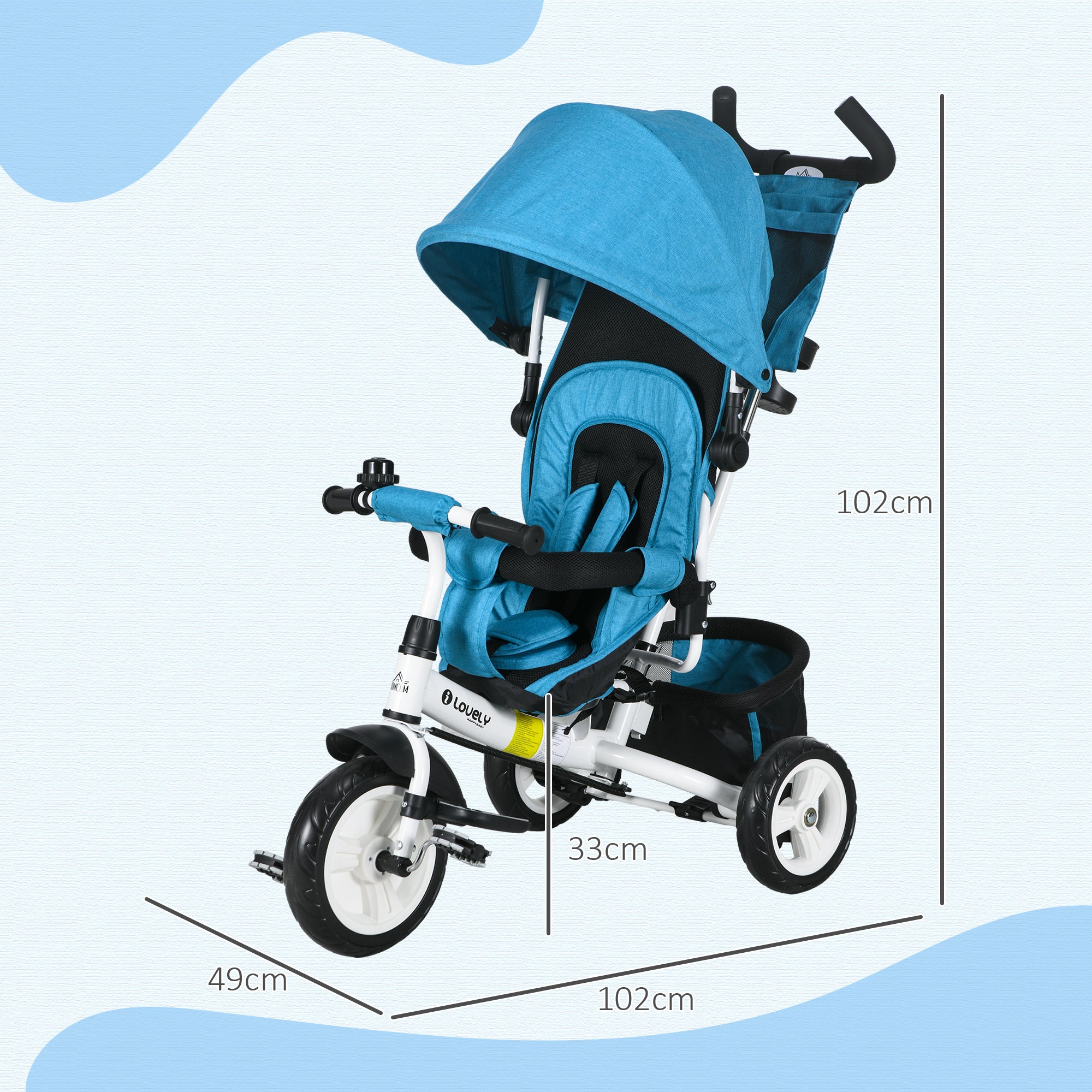 6 in 1 Kids Trike Push Bike w/ Push Handle, Canopy, 5-point Safety Belt, Storage, Footrest, Brake, for 1-5 Years, Blue