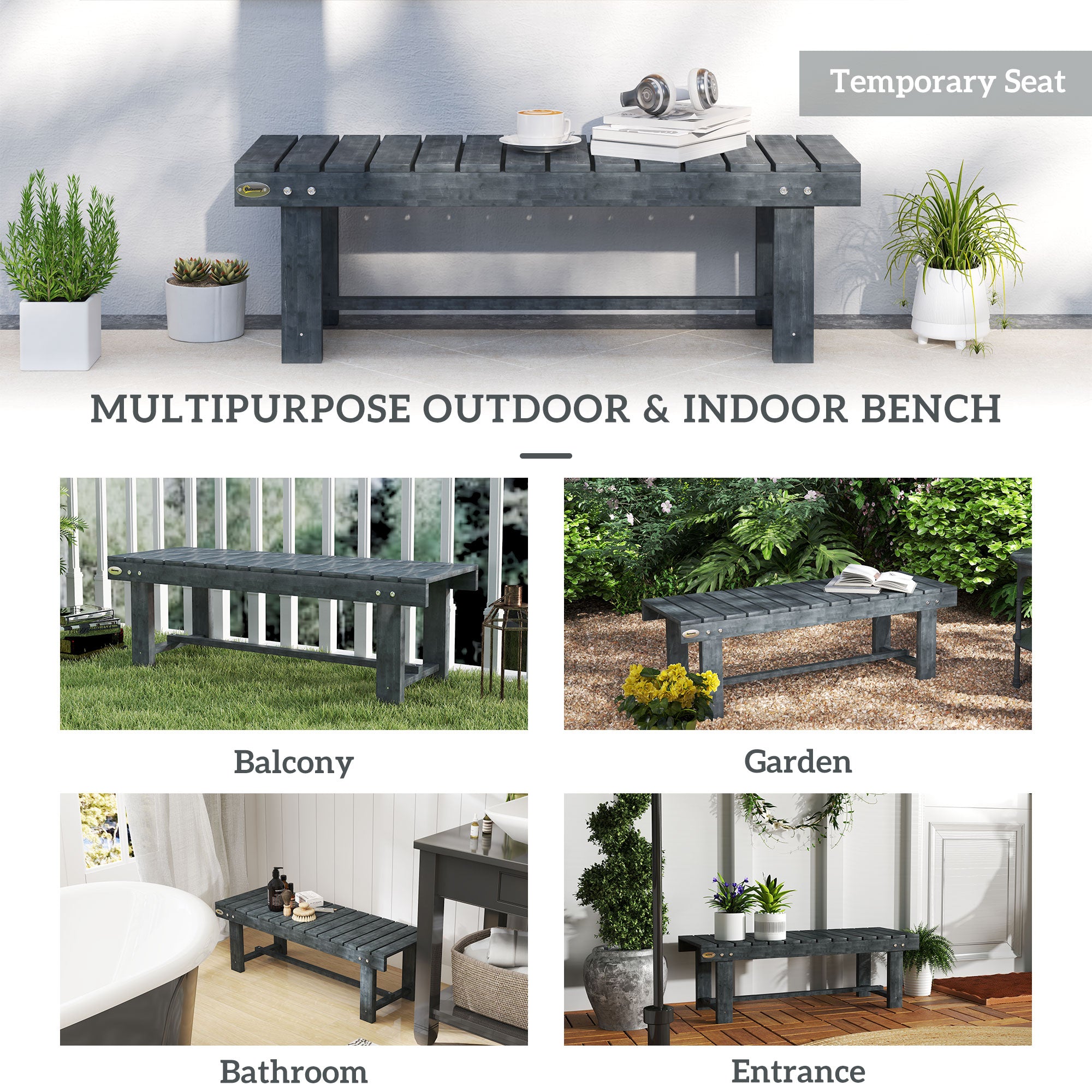 2-Seater Garden Wooden Bench, Grey