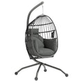 Hanging Egg Swing Chair with Folding Basket, Cushion, Headrest & Cup Holder for Indoor Outdoor Patio Garden - Dark Grey