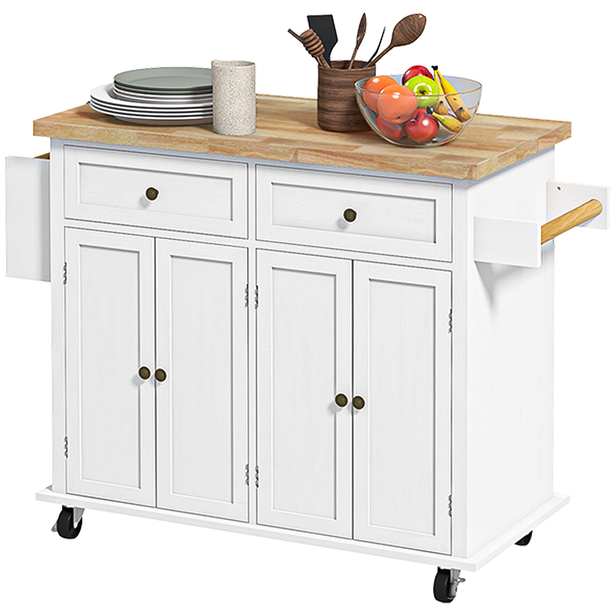 Rolling Kitchen Island Storage Trolley with Rubber Wood Top & Drawers for Dining Room, White