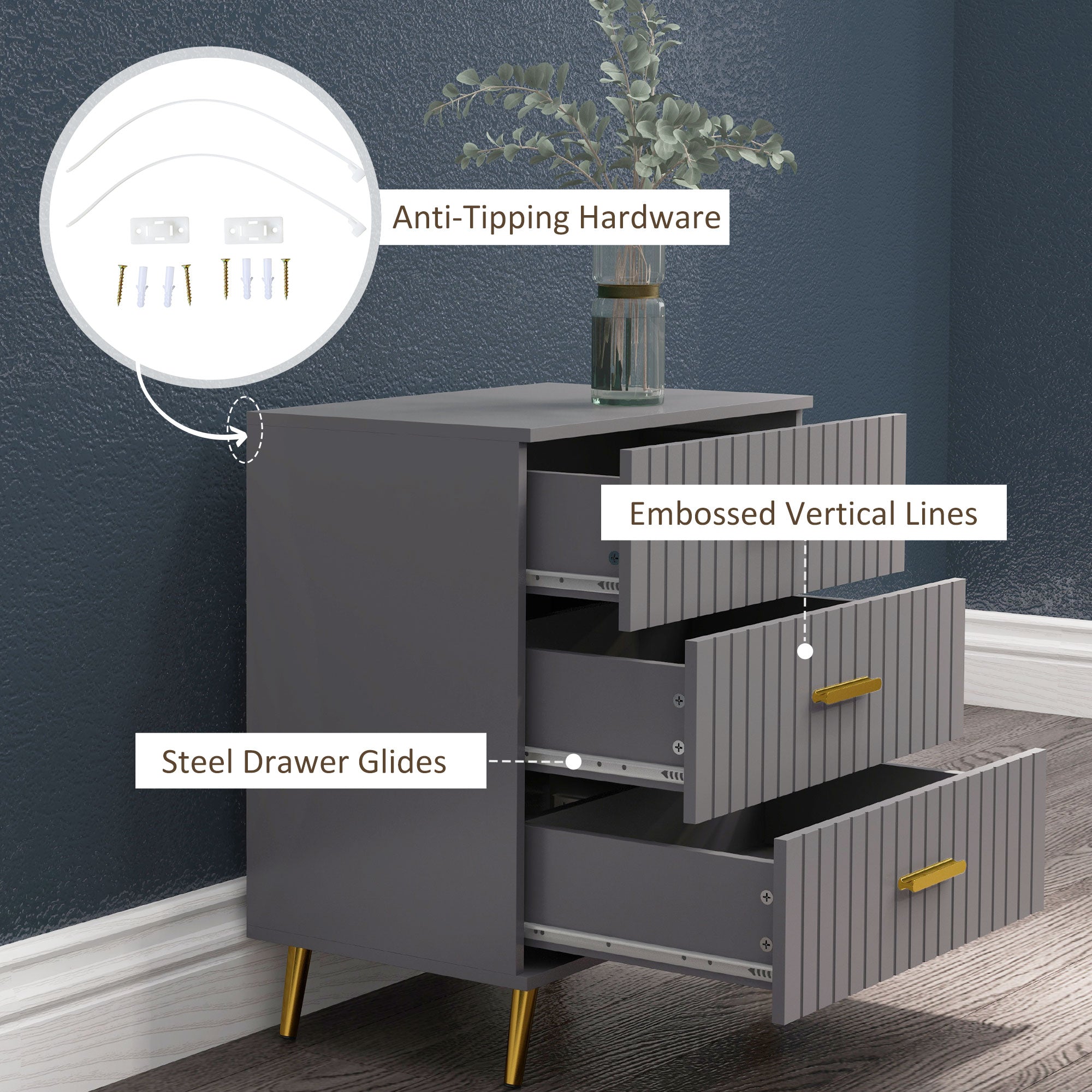 Three Drawer Embossed Line Dresser - Grey/Gold Tone