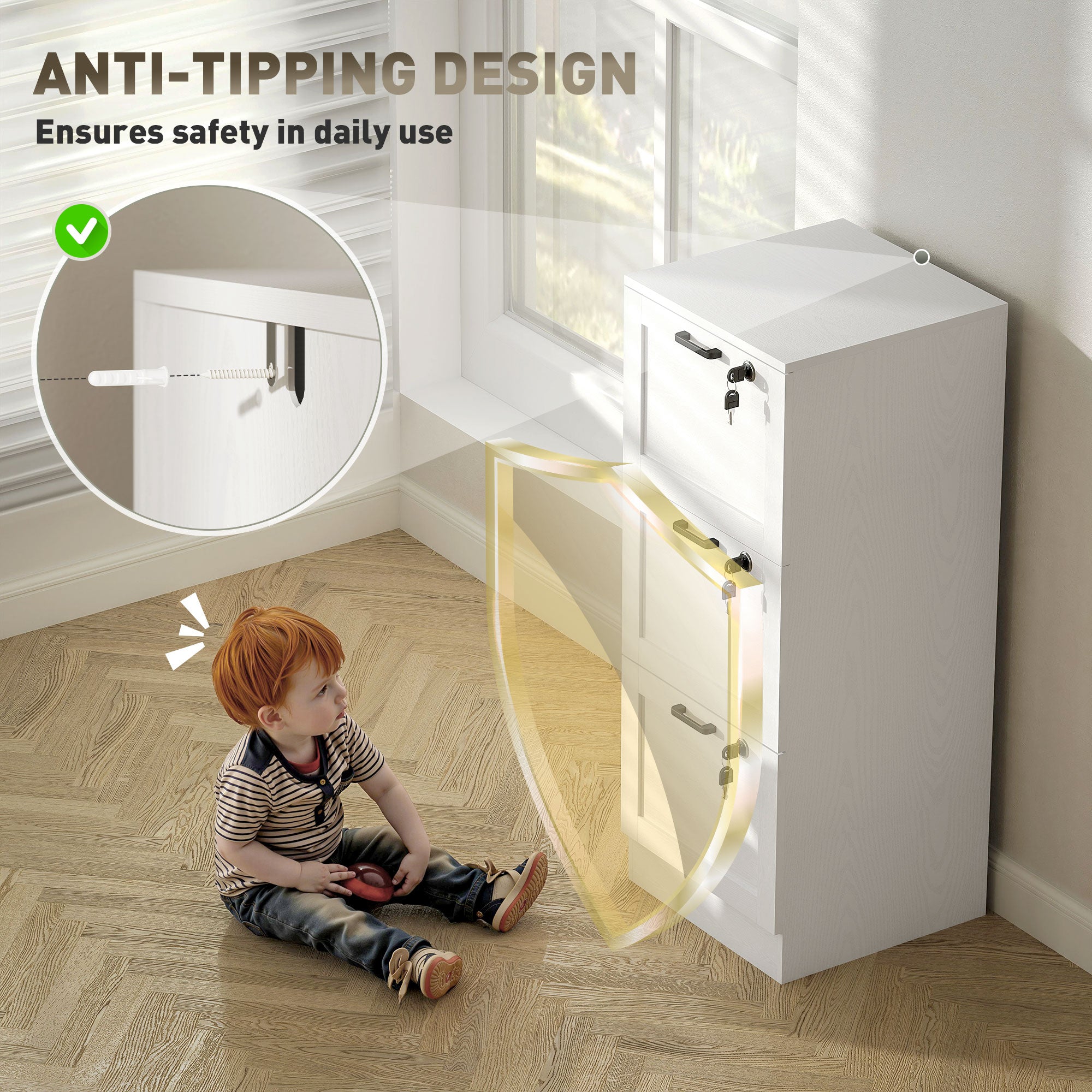 3-Drawer Filing Cabinet with Lock - White