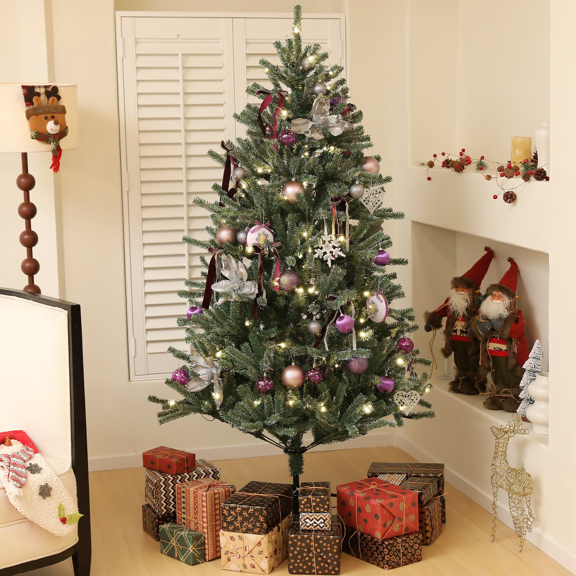 6ft Artificial Prelit Christmas Tree with Warm White LED Lights and 796 Tips, Metal Stand, Xmas Tree with Purple Ornaments for Home Office Holiday