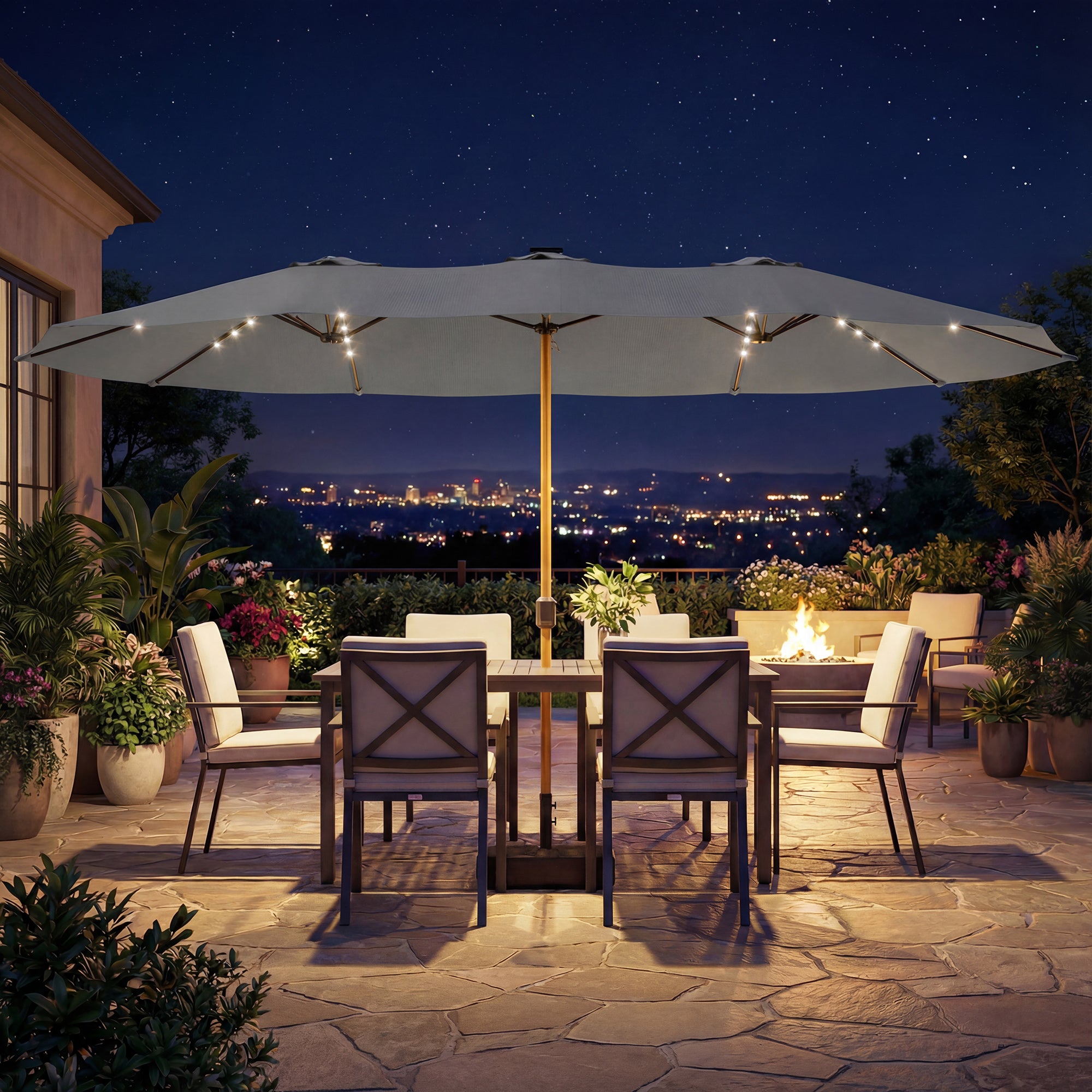 Double Sided Garden Parasol with Base Included & 48 Solar LED Lights Patio Umbrella Crank Handle 4.6m Light Grey