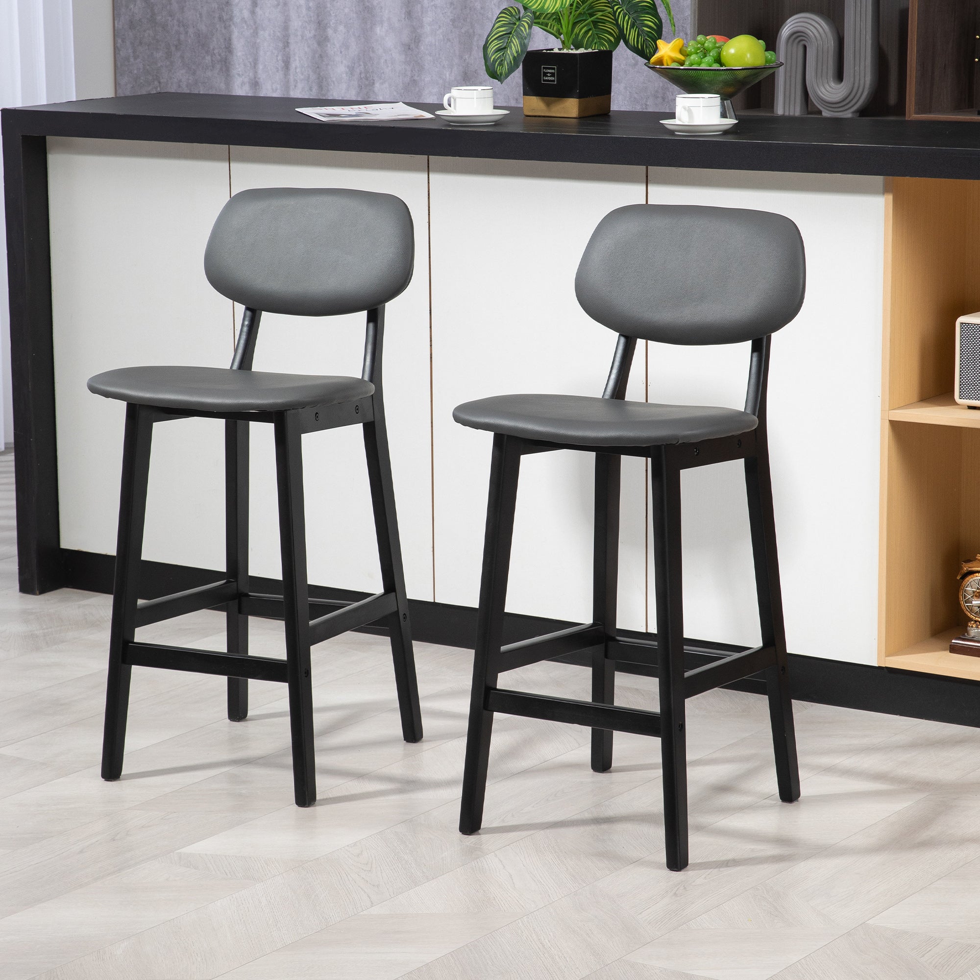 Bar Stools Set of 2, Contemporary Breakfast Bar Chairs, Faux Leather Upholstered Kitchen Stools with Backs and Solid Wood Legs, Dark Grey