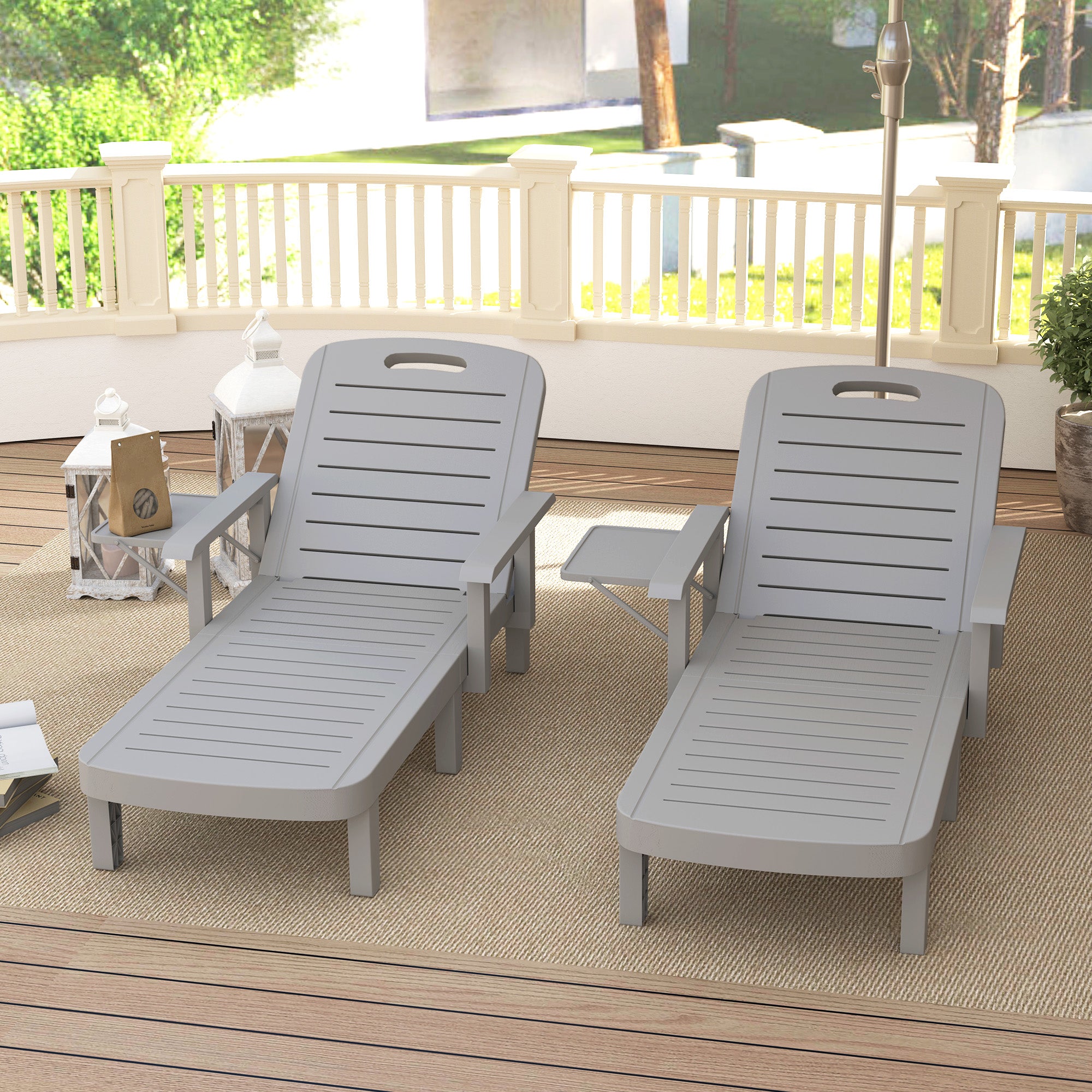Set of 2 Resin Reclining Sun Loungers for Garden, 5 Positions Adjustable Outdoor Chaise Lounge Chairs with Wood Texture Surface, Armrests, Foldable Side Table for Garden, Beach, Light Grey