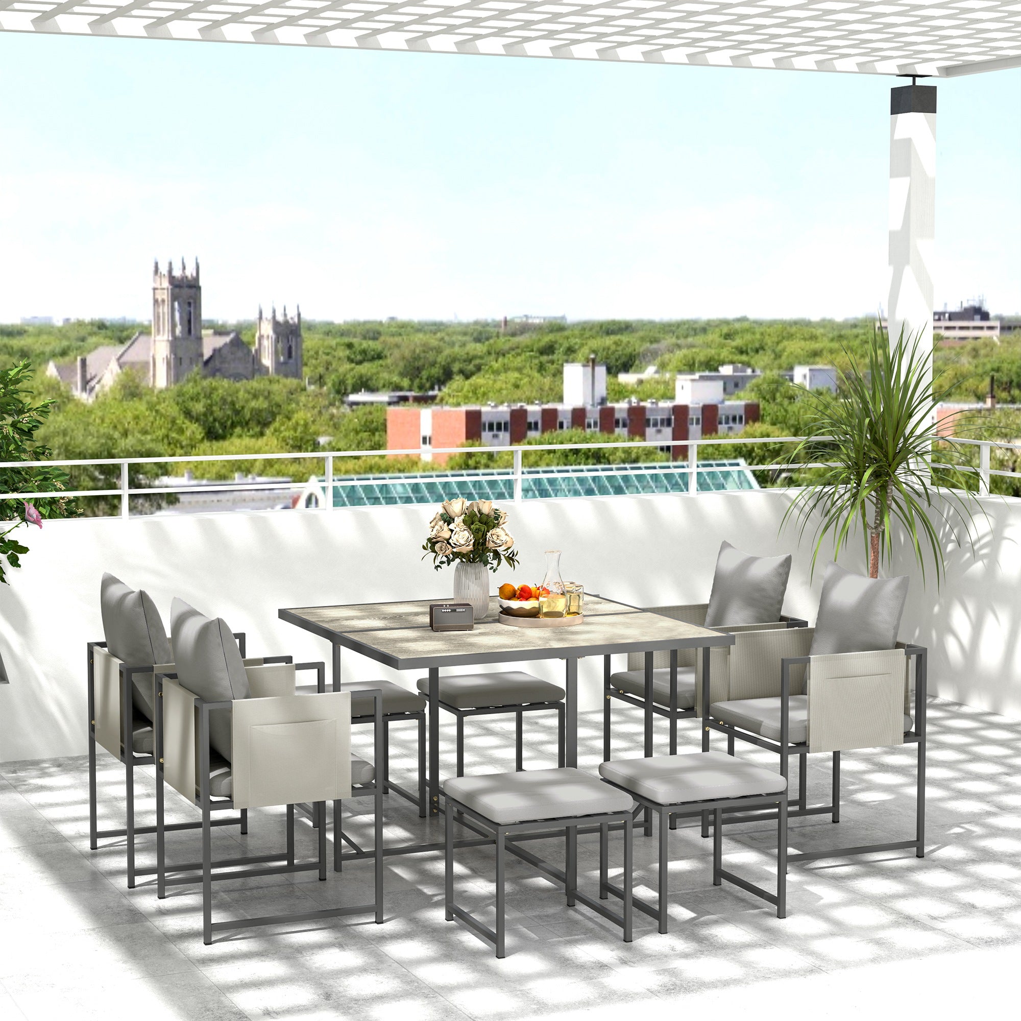 9 Piece Steel Frame Garden Dining Set with Cushions - Grey