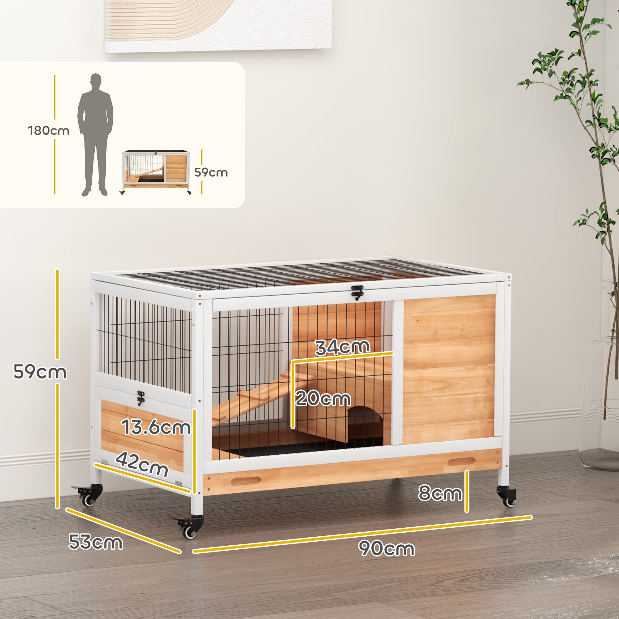 Wooden Guinea Pig Hutch, 2-Floor Bunny Cage w/ Enclosed Run Area, Yellow