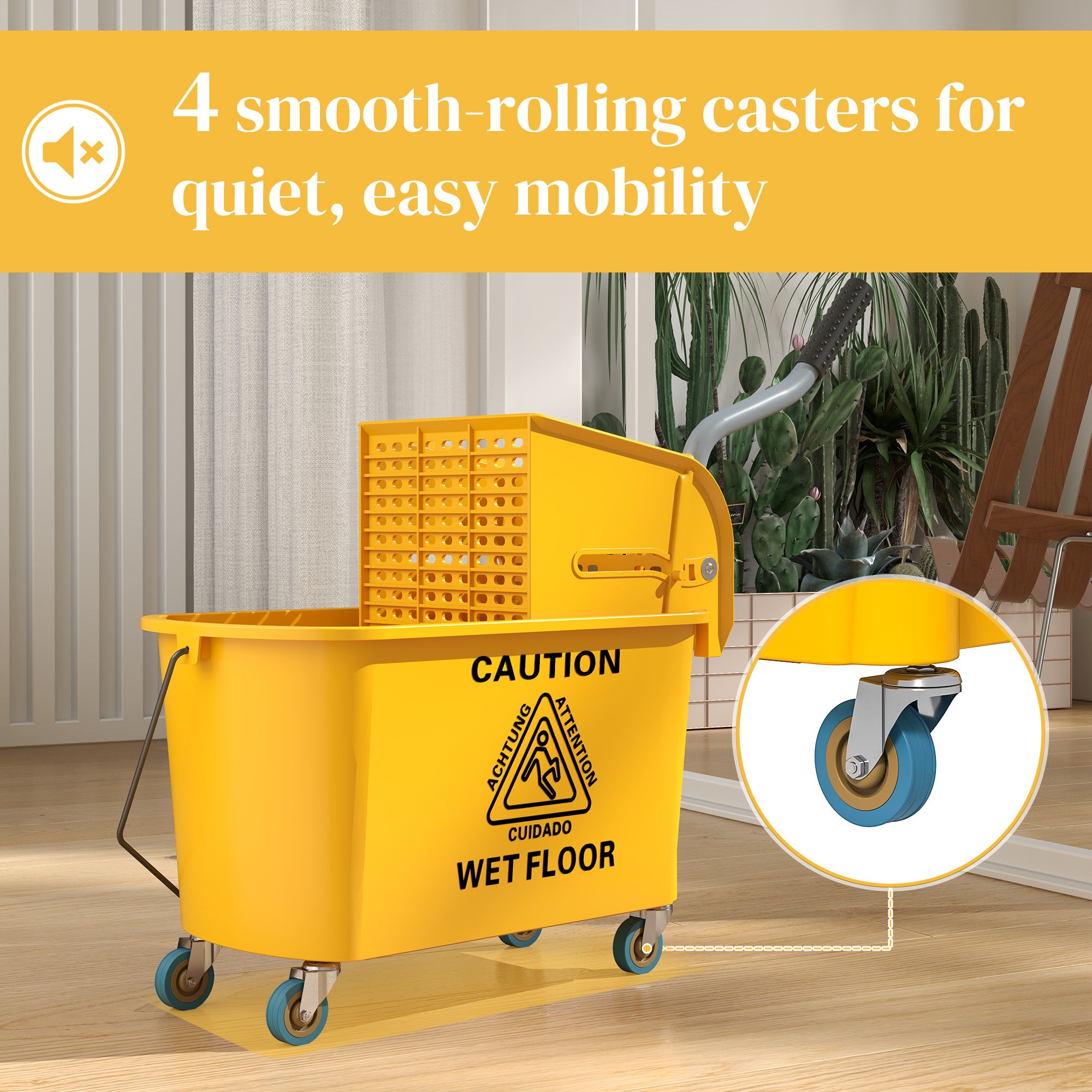Mop Bucket with Wringer Set on Wheels for Floor Cleaning, 20 Litre Side Press Wringer with Handle and Mop, Yellow