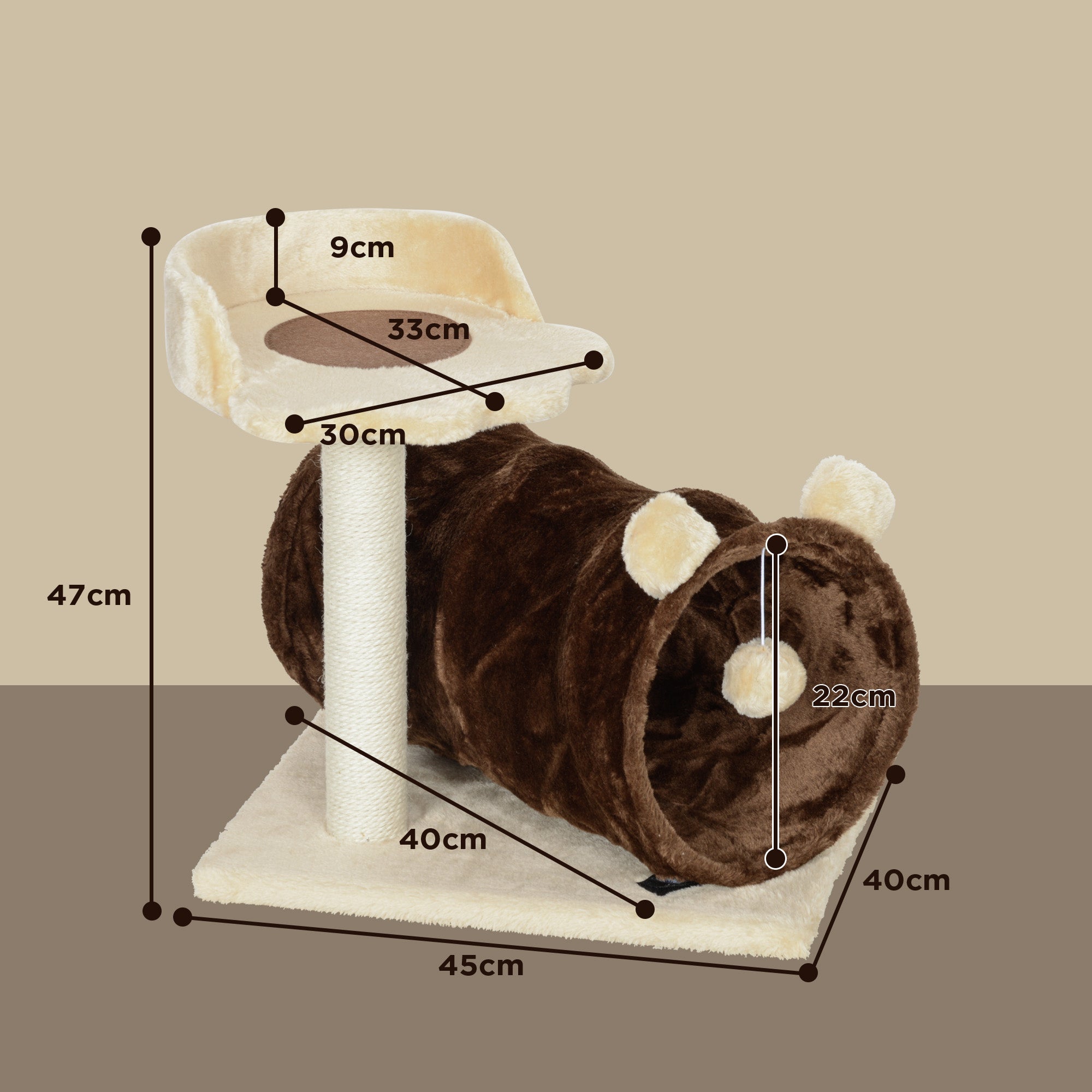 47cm Small Cat Tree w/ Scratching Post, Bed, Cat Tunnel, Toy Ball, Dark Brown