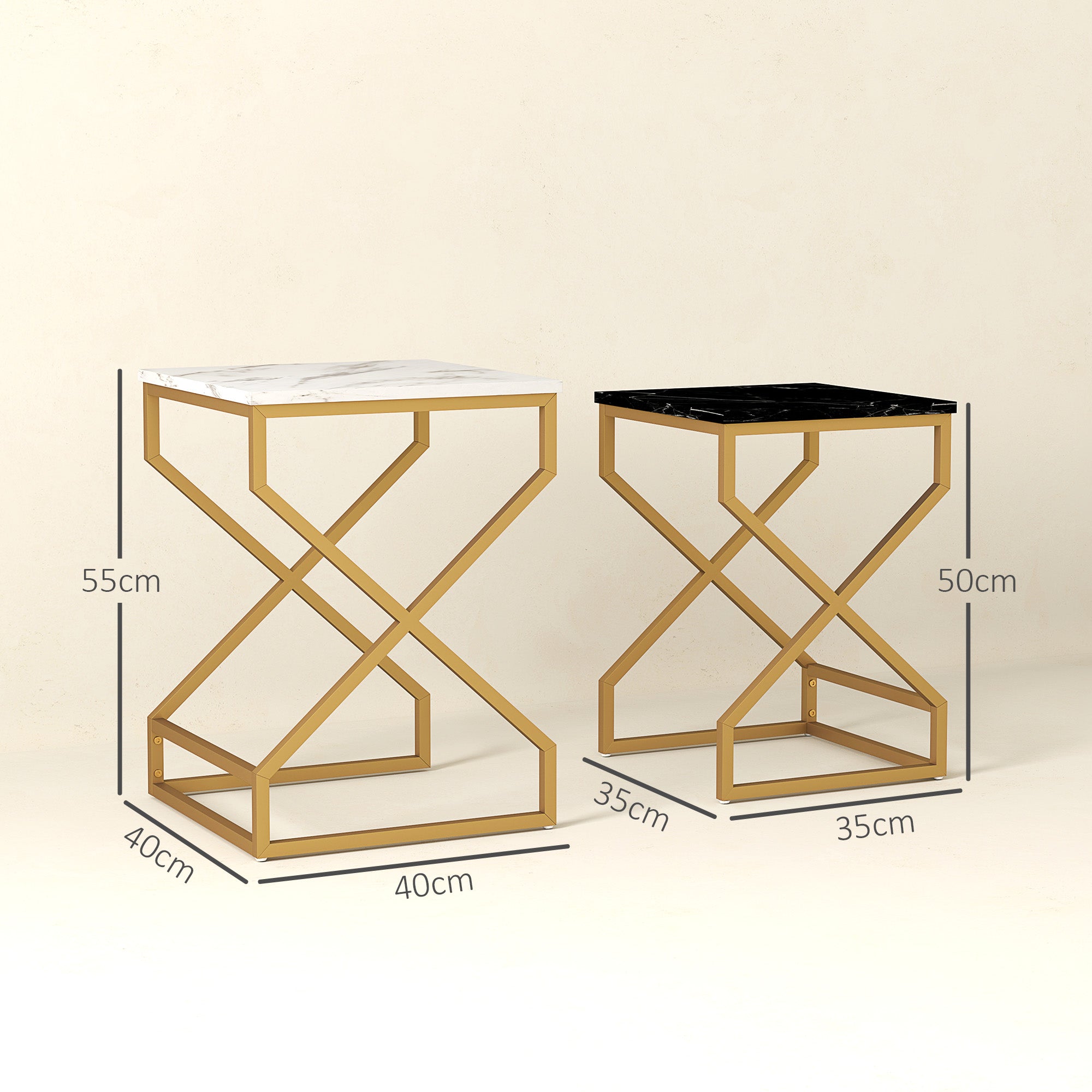 Set of Two Marble-Effect Nesting Tables with Gold Tone Legs - Black, White