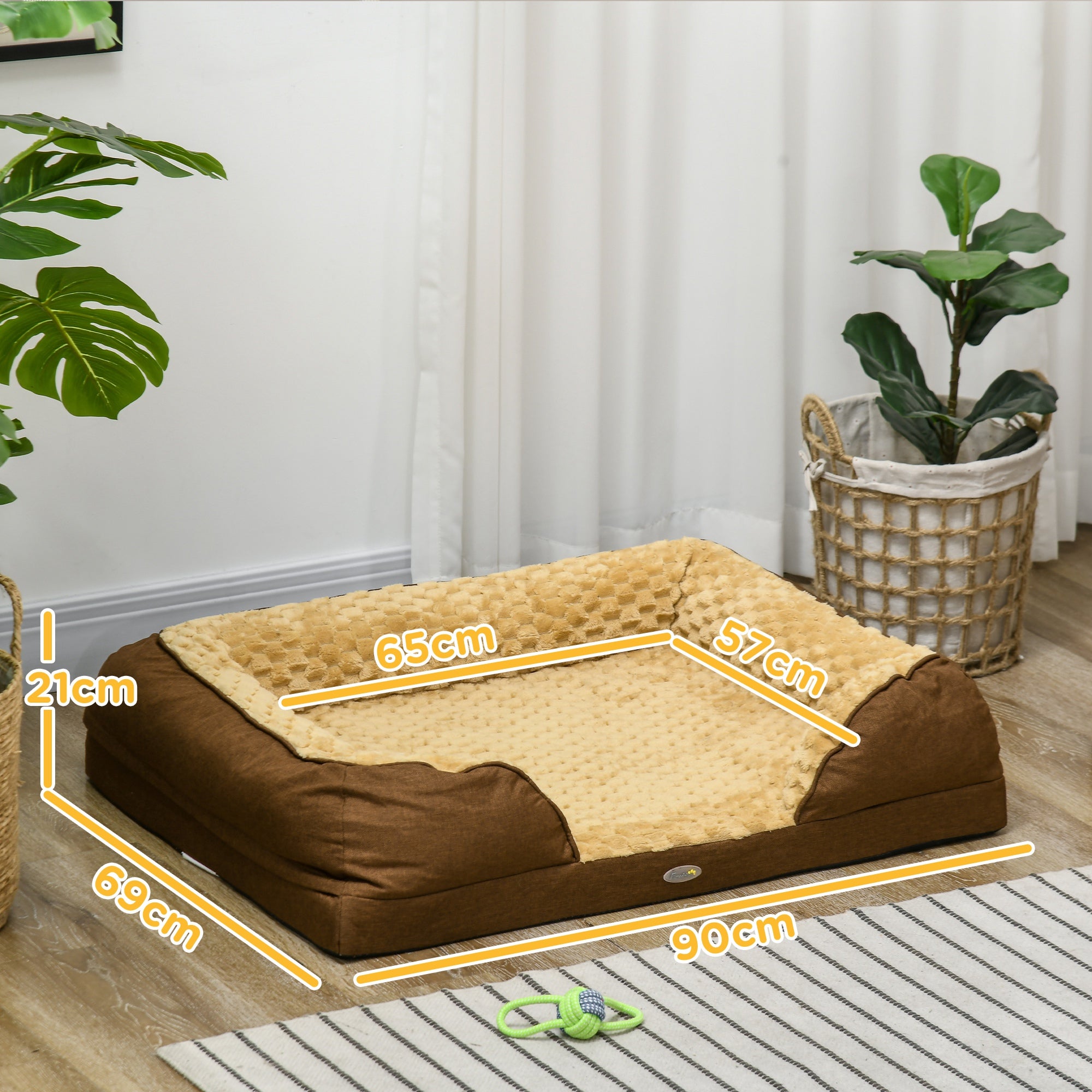 Calming Dog Bed Pet Mattress w/ Removable Cover, Anti-Slip Bottom, for Medium Dogs, 90L x 69W x 21Hcm - Brown