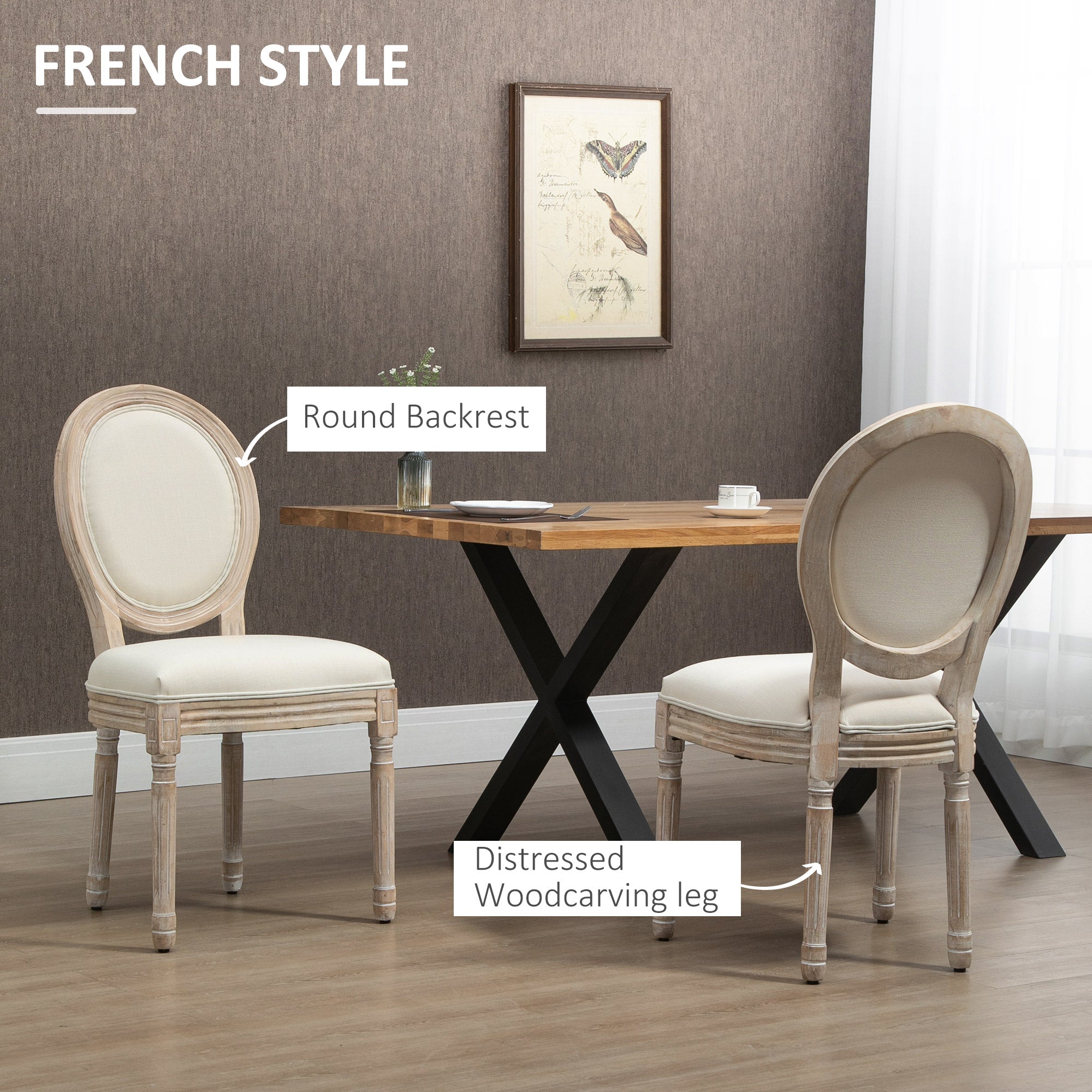 Set of Two French-Inspired Wooden Dining Chairs - Cream