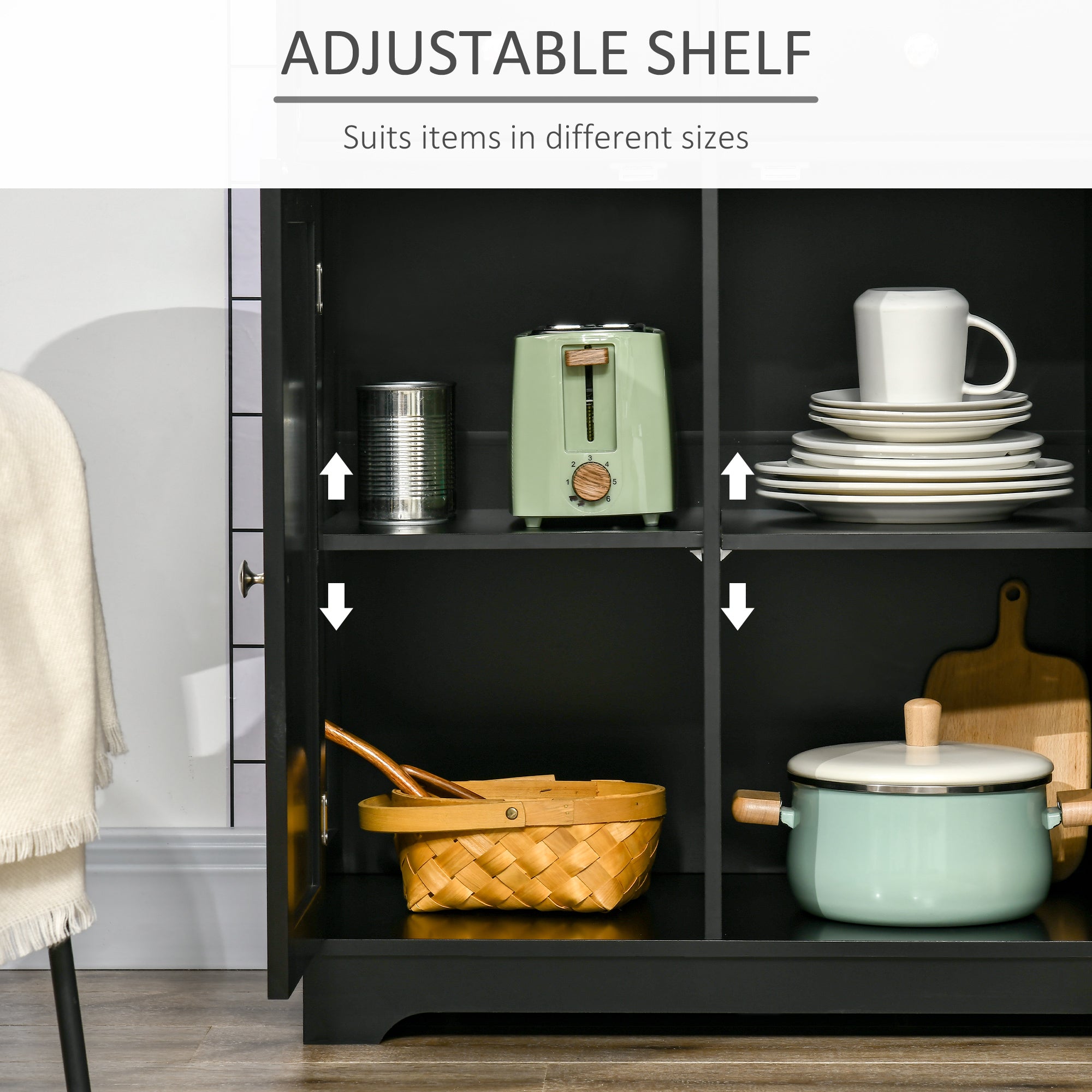 Sideboard with Rubberwood Top and Adjustable Shelves for Dining Room, Kitchen - Black