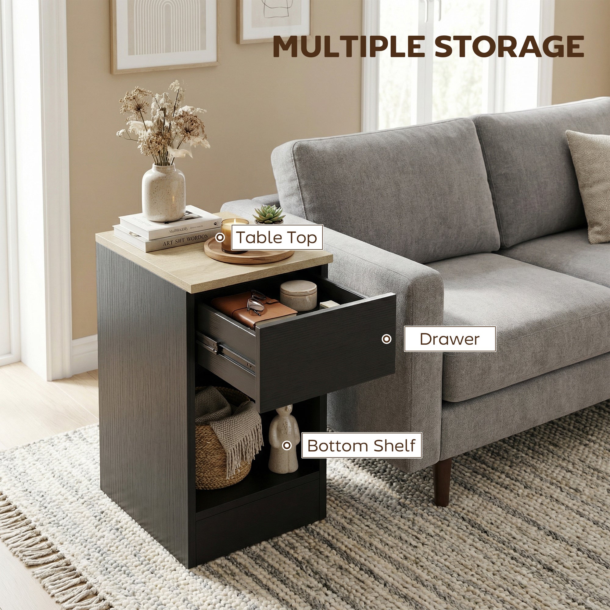 Set of Two Modern Storage Bedside Tables - Black