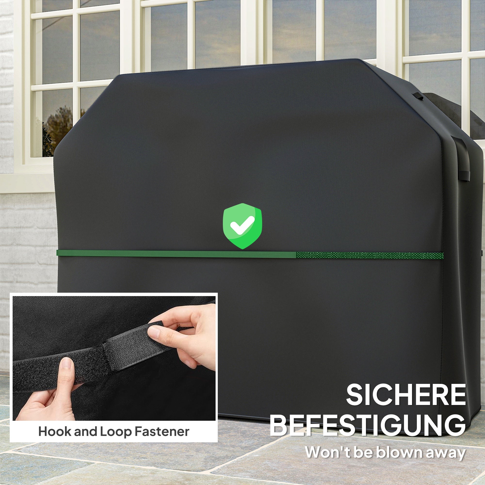 BBQ Cover for Rectangular Gas Grill, 600D UPF30+ Oxford Fabric Barbecue Cover for Waterproof Protection Rip-Proof, with Windproof Hook and Loop Fasteners, Vents, 147 x 61 x 122 cm, Black