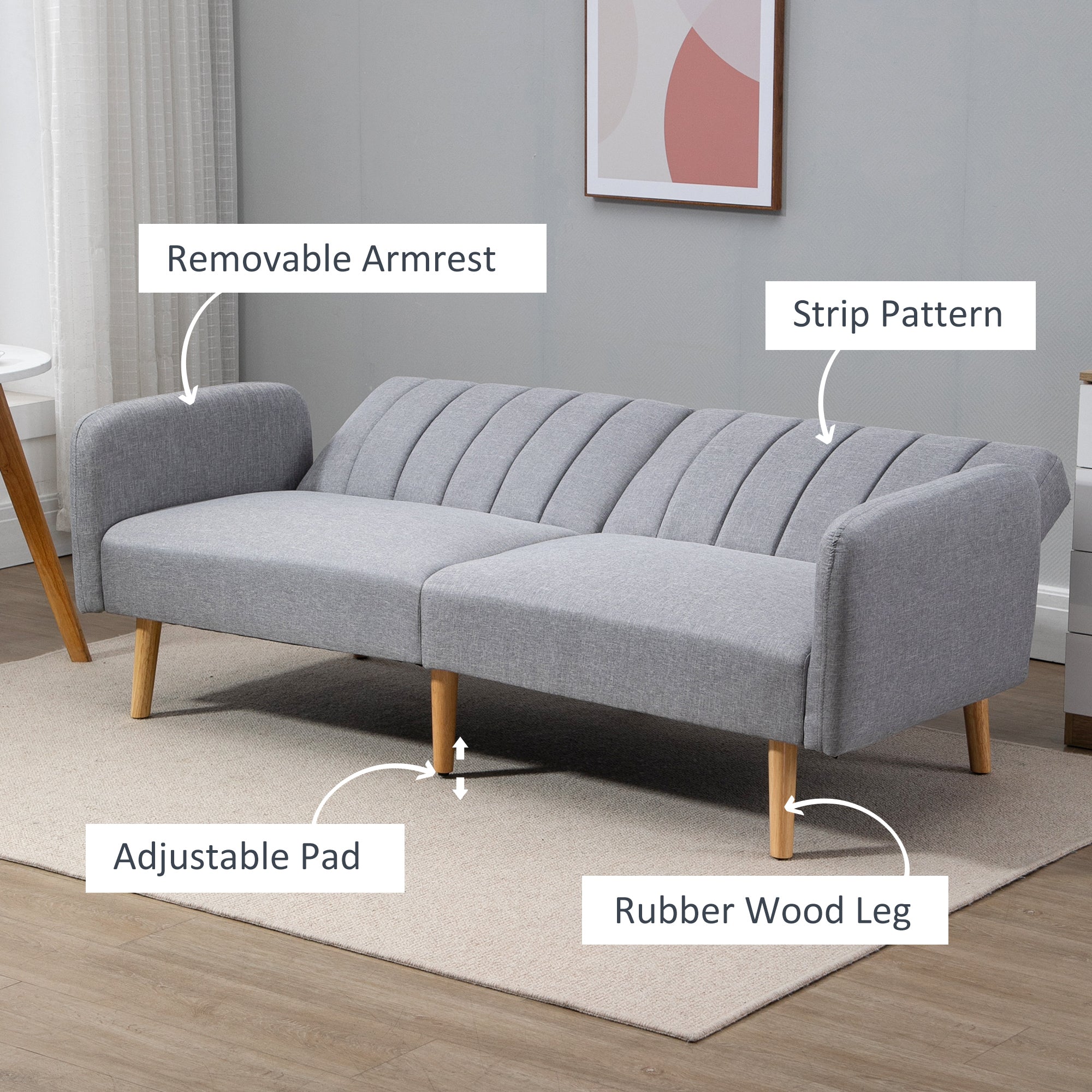 Three-Seater Sofa Bed, with Split Back - Light Grey