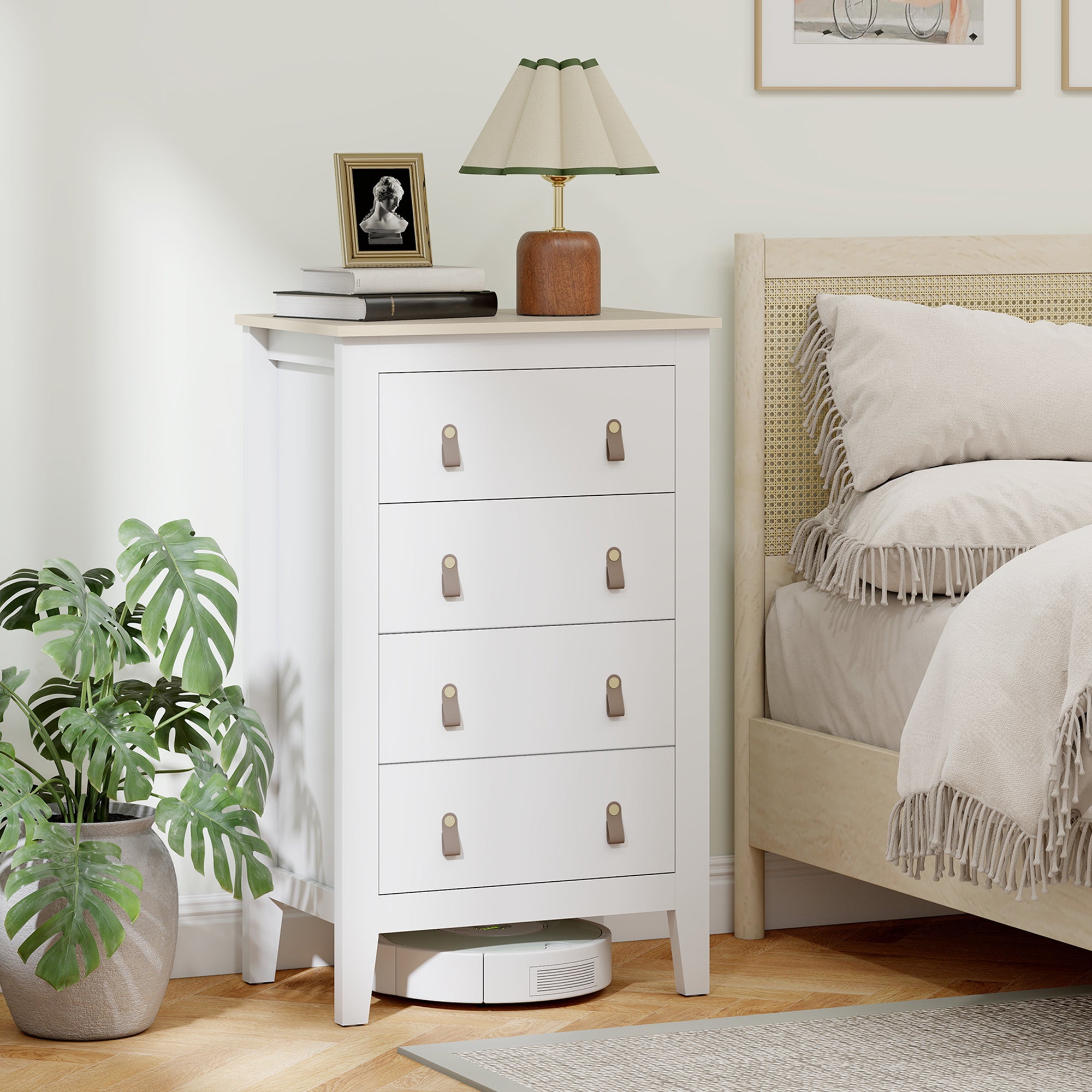 Bedroom Chest of Drawers, Modern 4 Drawer Dresser Cabinet with PU Leather Handles and Metal Runners for Living Room, Hallway, Entryway, 60 x 40 x 98 cm, White