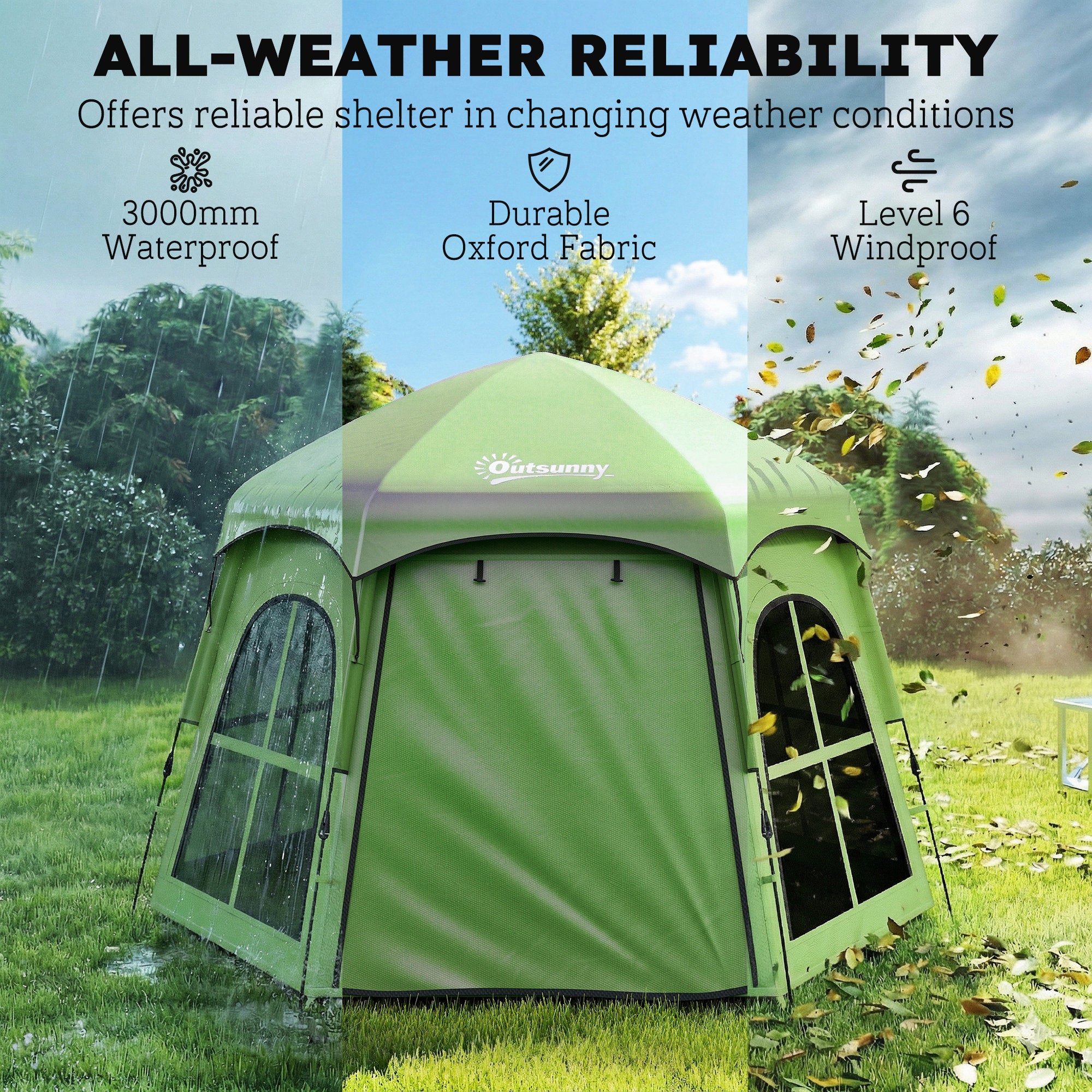 Pop Up Tent 3000mm Waterproof Instant Camping Tent 3-4 Person with 2 Doors 4 Windows Green
