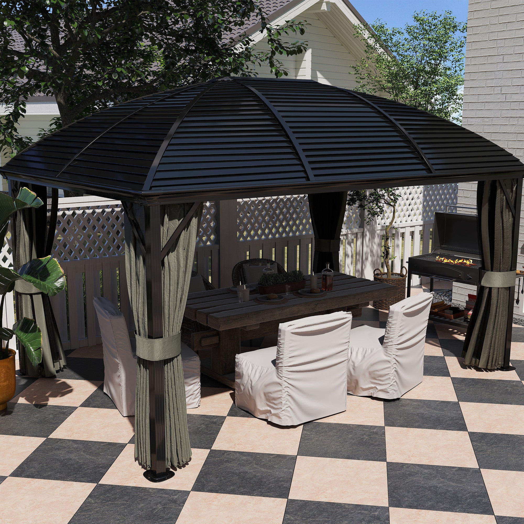 3 x 4m Hardtop Gazebo with Metal Roof, Netting & Curtains Aluminium Pavilion - Dark Grey