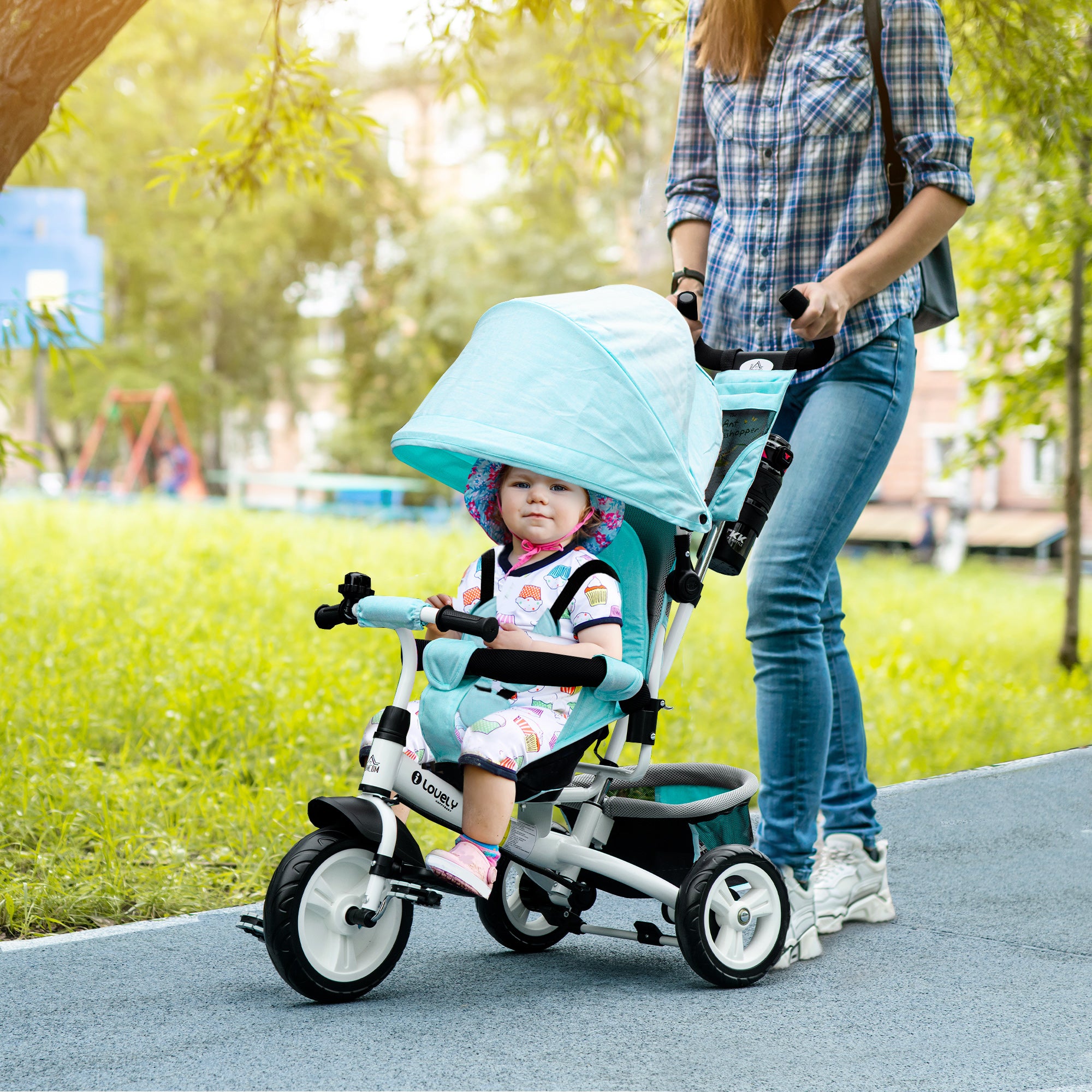 6 in 1 Kids Trike Push Bike w/ Push Handle, Canopy, 5-point Safety Belt, Storage, Footrest, Brake, for 1-5 Years, Green