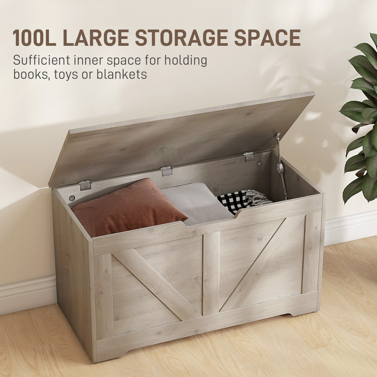 100L Home Storage Box with Safety Hinges - Grey Wood-Effect